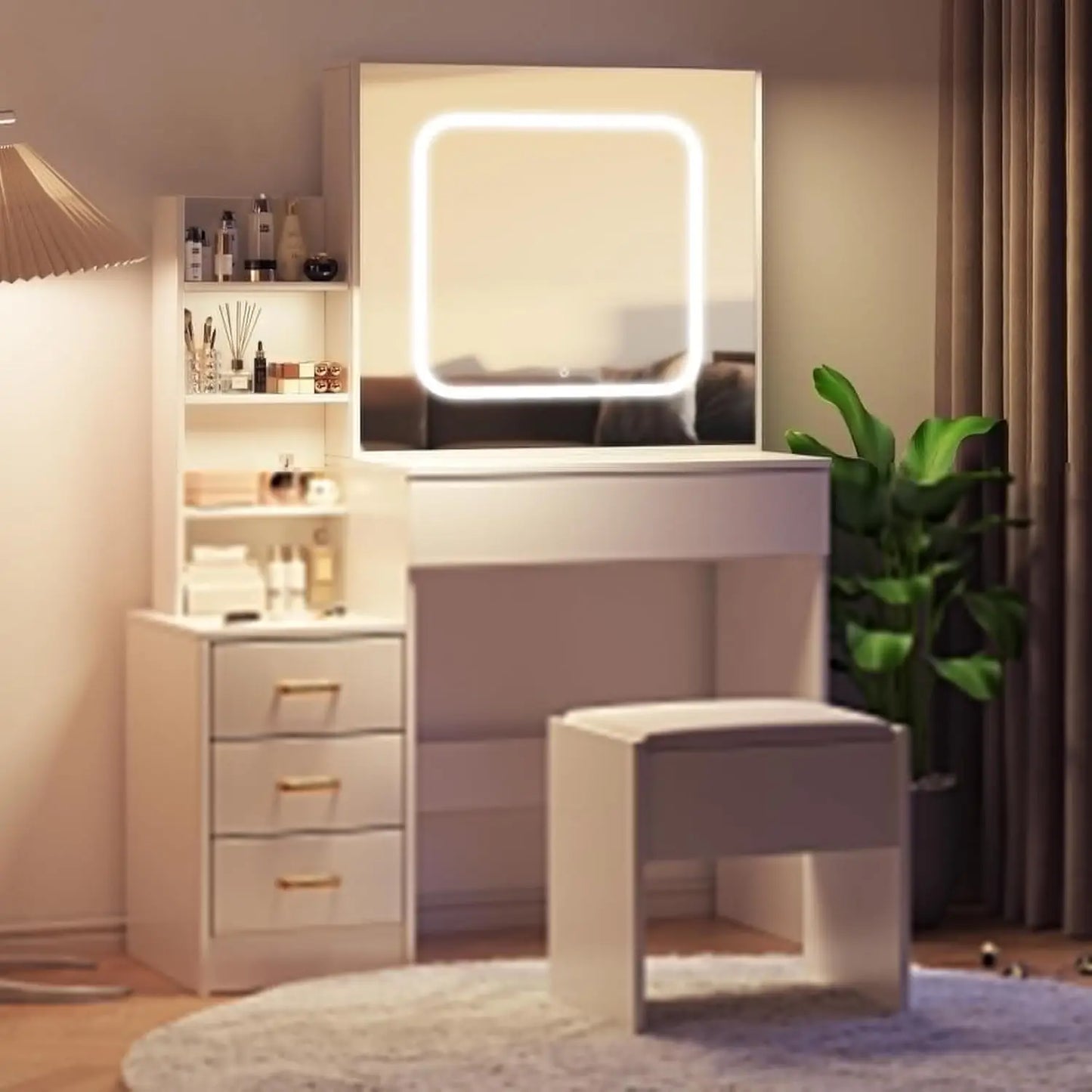 HiMISS Vanity Desk With Sliding Lighted Mirror And Storage