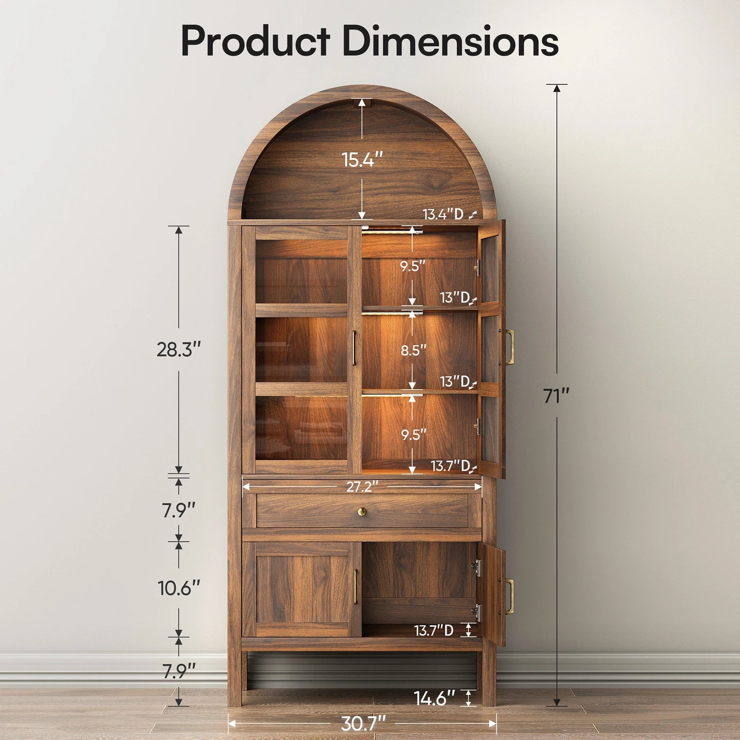 Cottinch Arched Wood Storage Cabinet With Dimmable Led Lights
