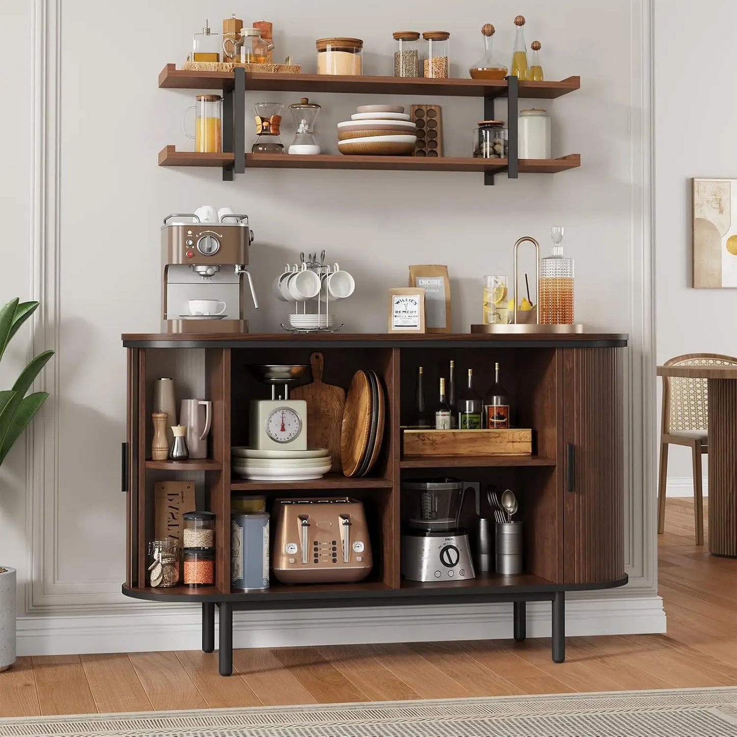 HUANZHUANG Modern Buffet Cabinet With Sliding Tambour Doors Open Shelves