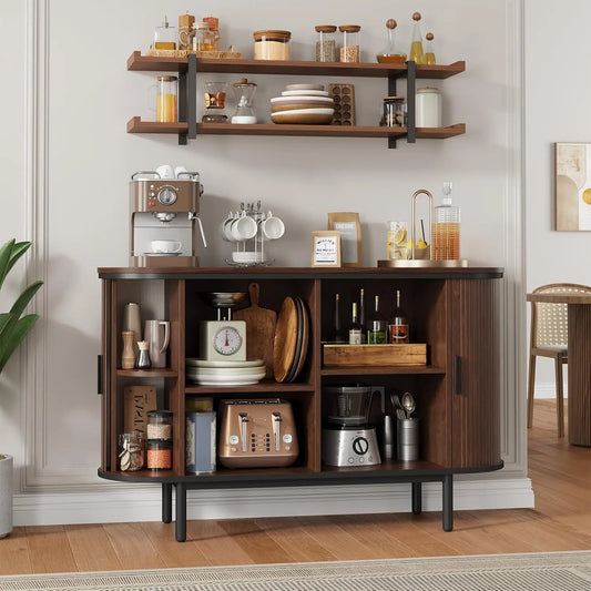 HUANZHUANG Modern Buffet Cabinet With Sliding Tambour Doors Open Shelves
