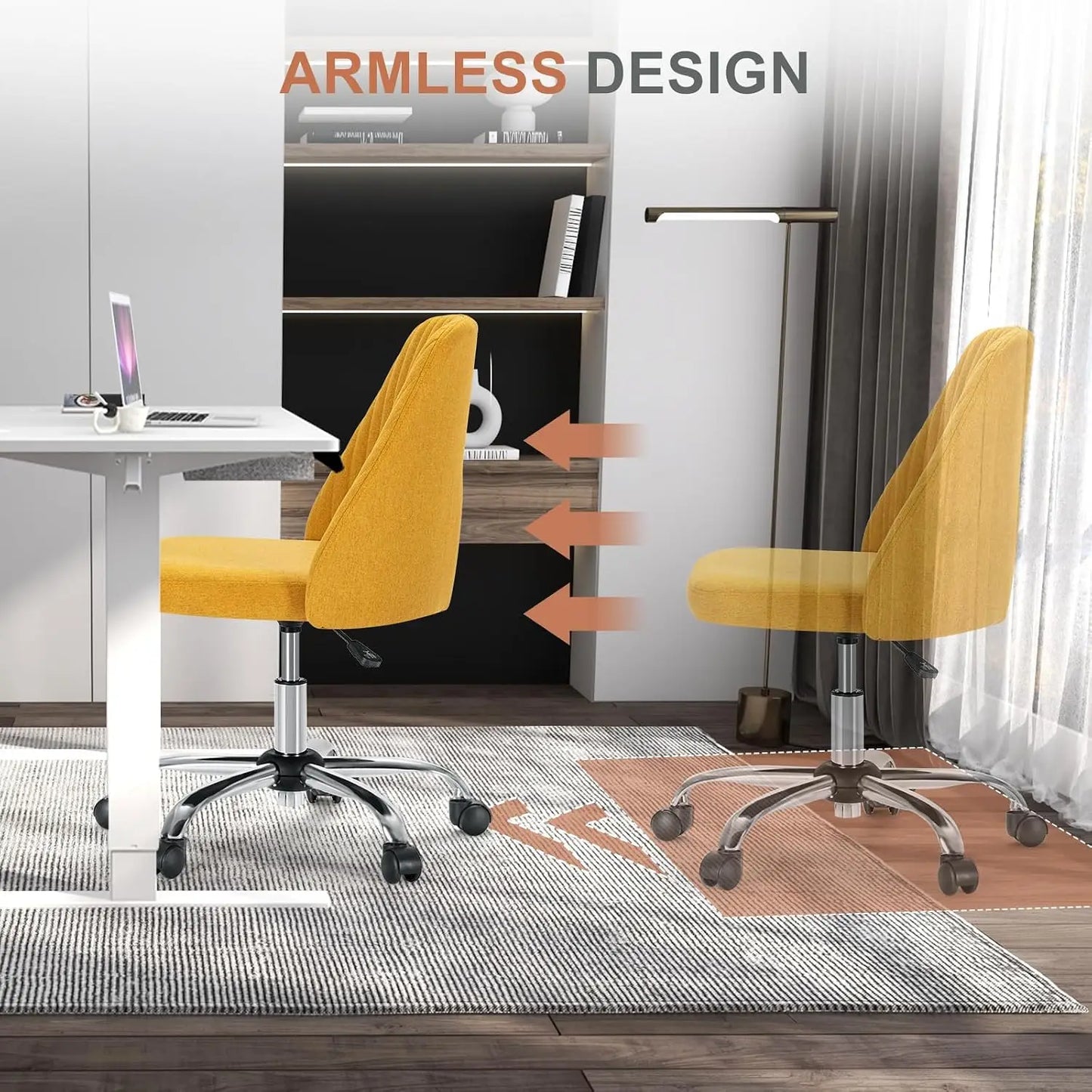 Height Adjustable Armless Vanity Office Chair With Rolling Wheels