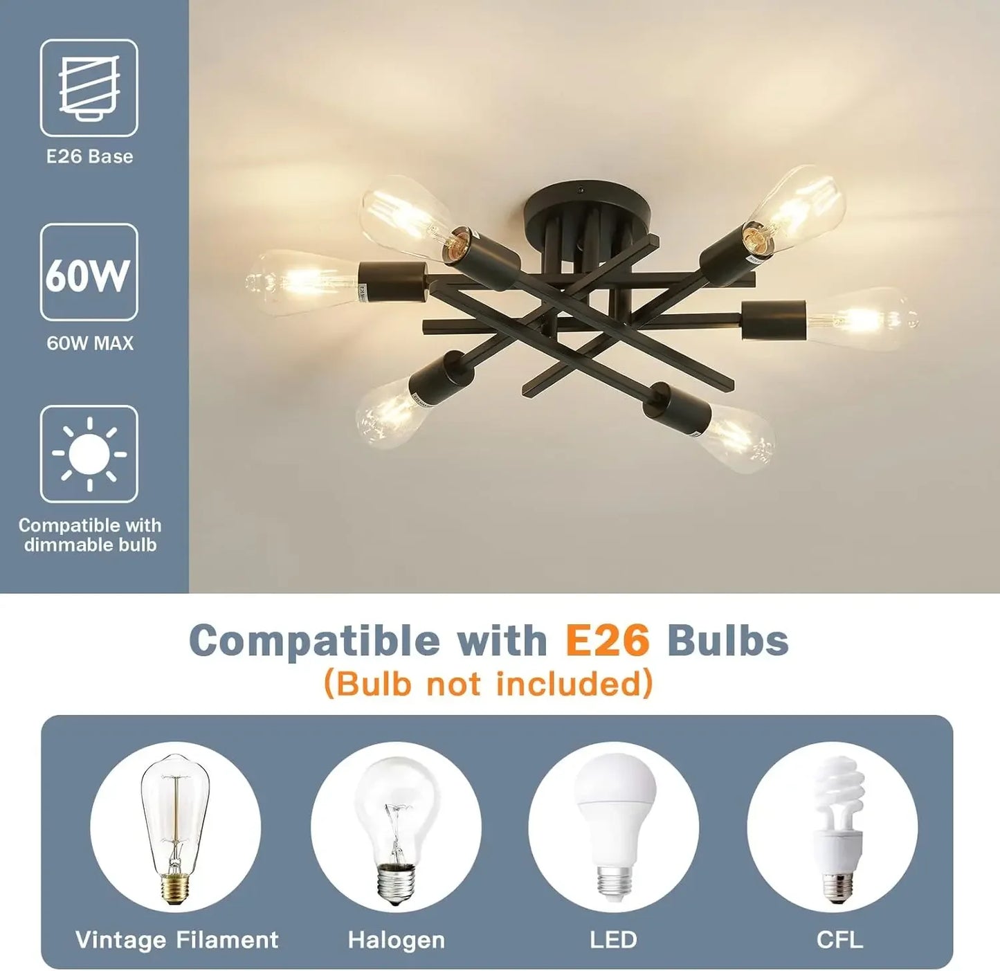 Semi Flush Mount Sputnik Ceiling Light Fixture For Farmhouse Dining