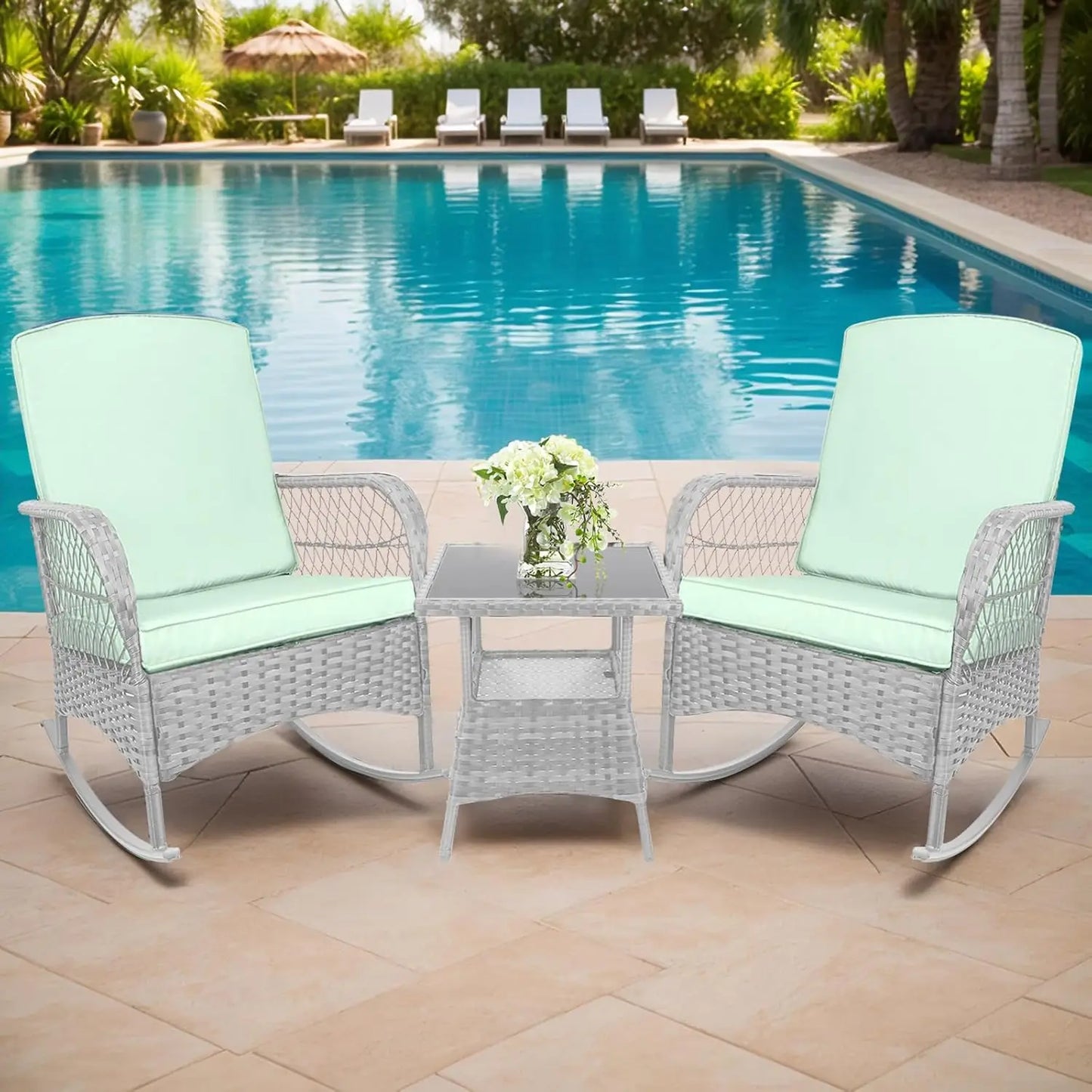 Outdoor 3 Piece Rocking Bistro Set With Glass Table PE Wicker