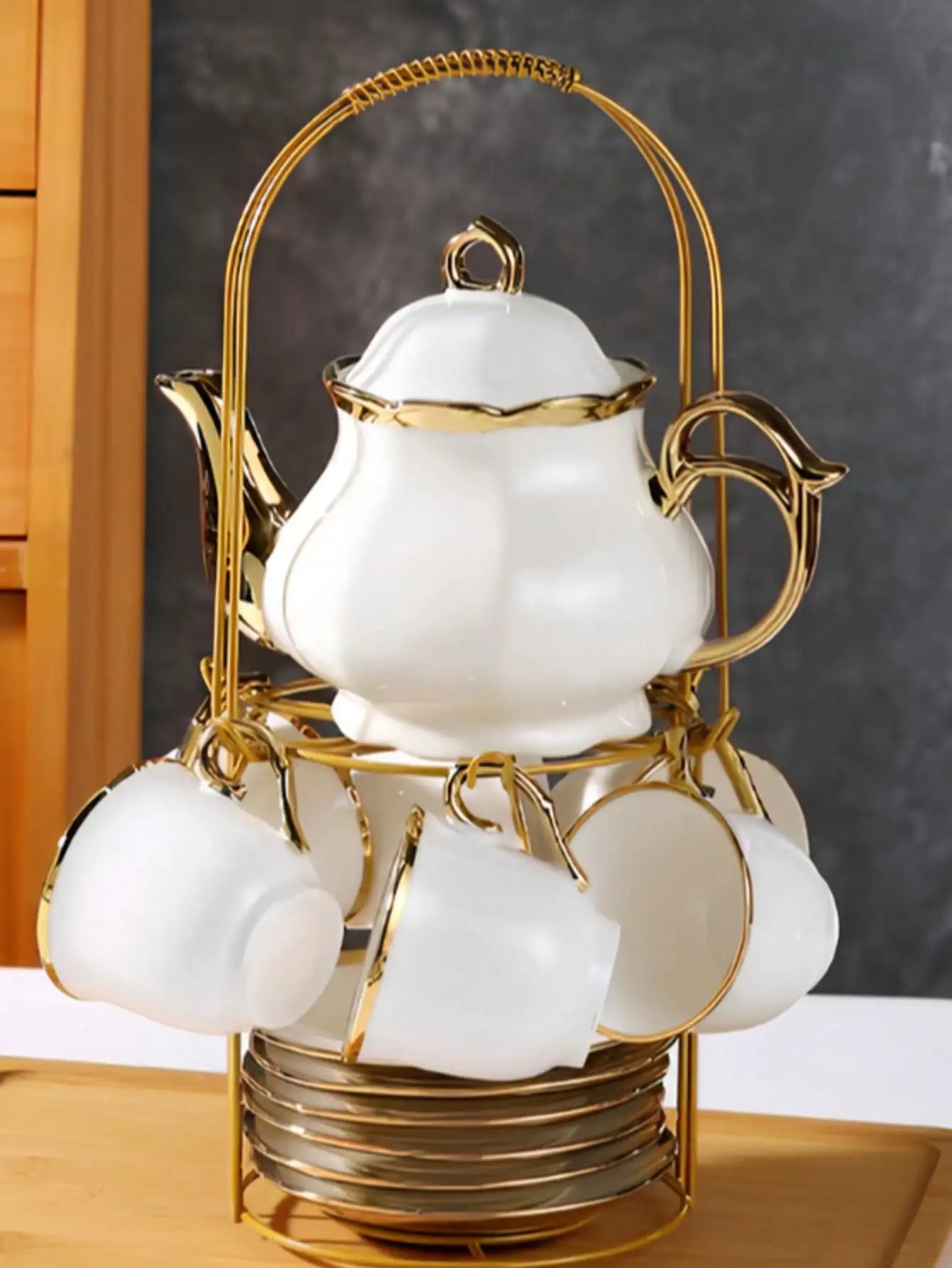 European Porcelain Tea Set With Metal Holder And Floral Pattern