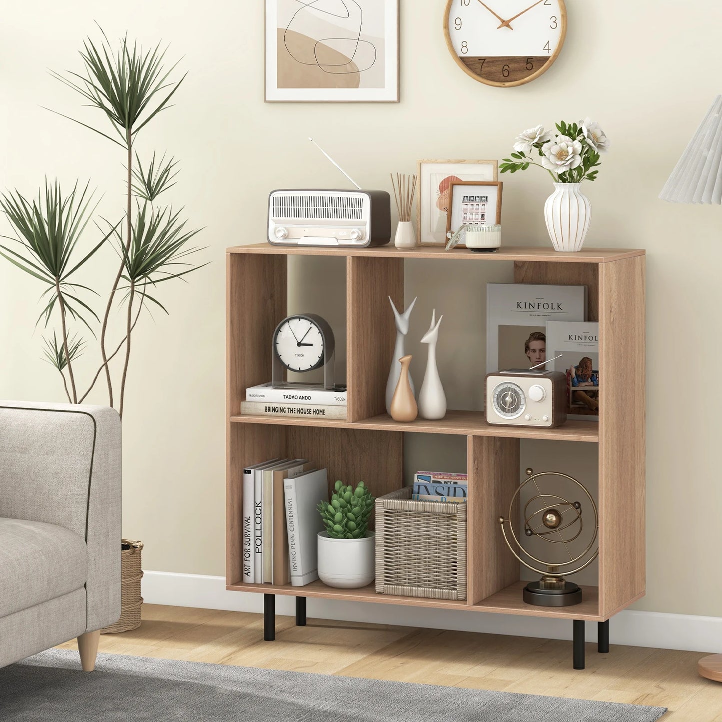 HOMASIS Open Shelf Bookcase 4 Compartments Mid Century Modern