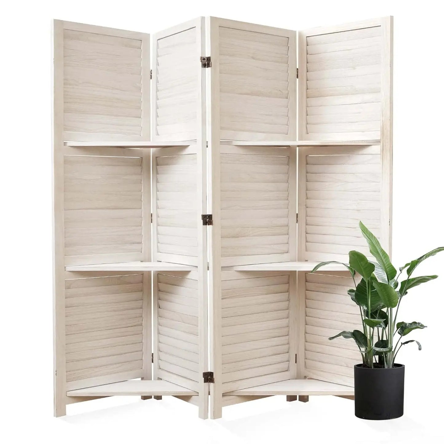 Wood Folding Privacy Screen Partition With Shelves For Home Use