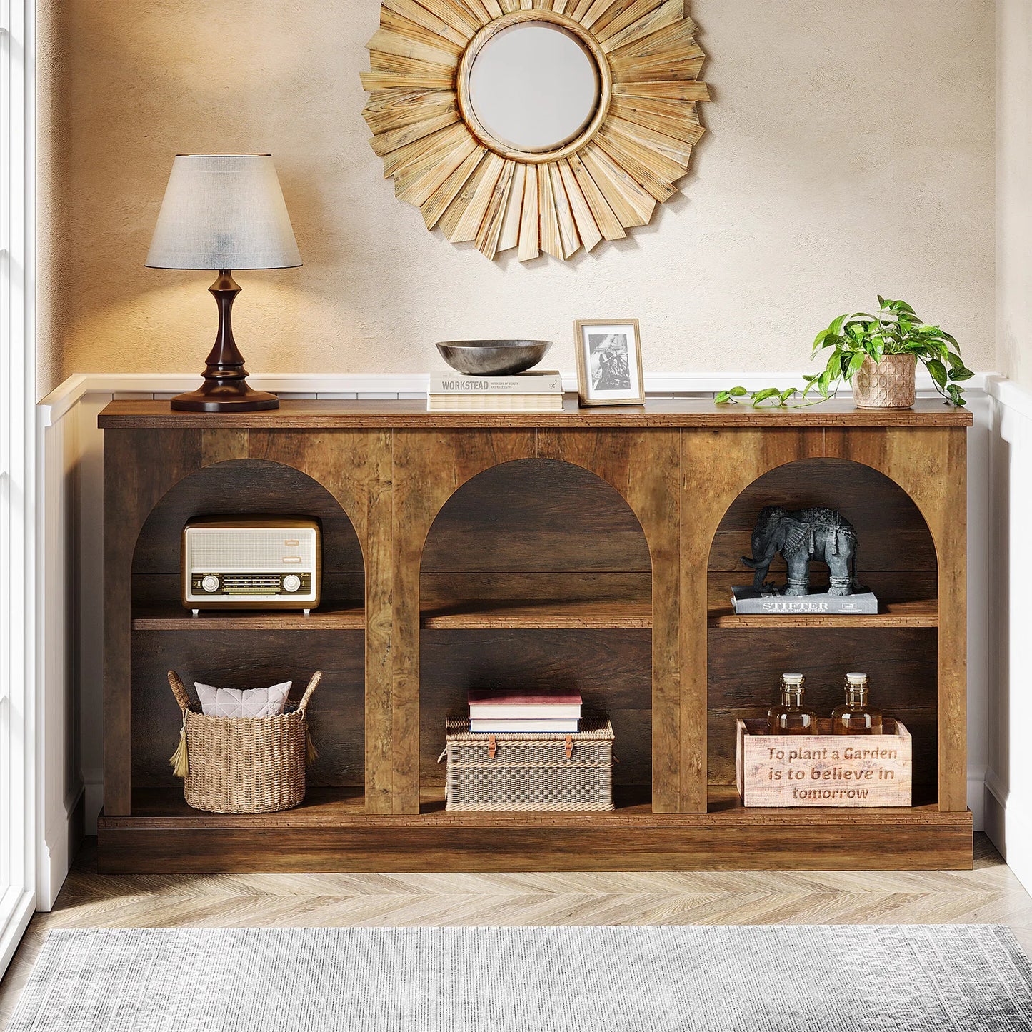 Tribesigns Wooden Farmhouse Console Table With Three Tier Storage