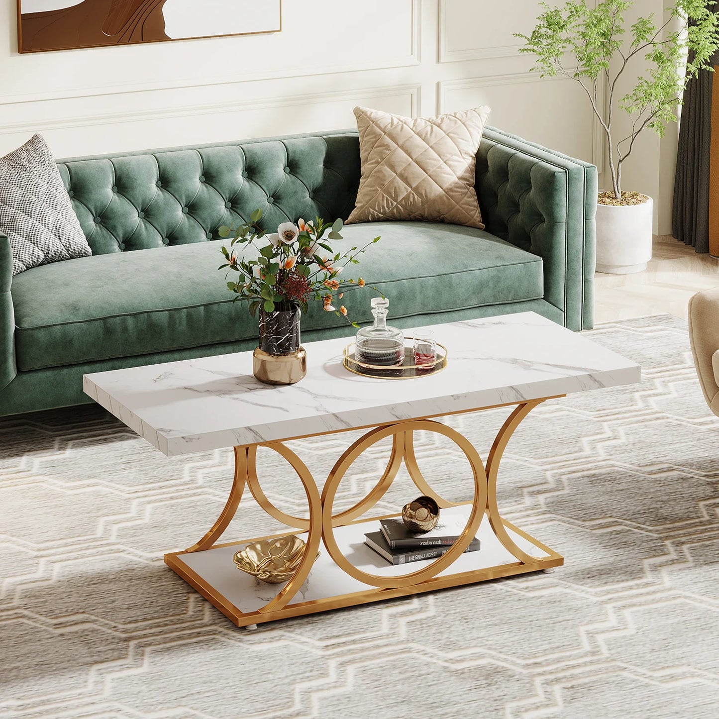 Tribesigns Rectangle Coffee Table Modern 2 Tier Faux Marble Wood