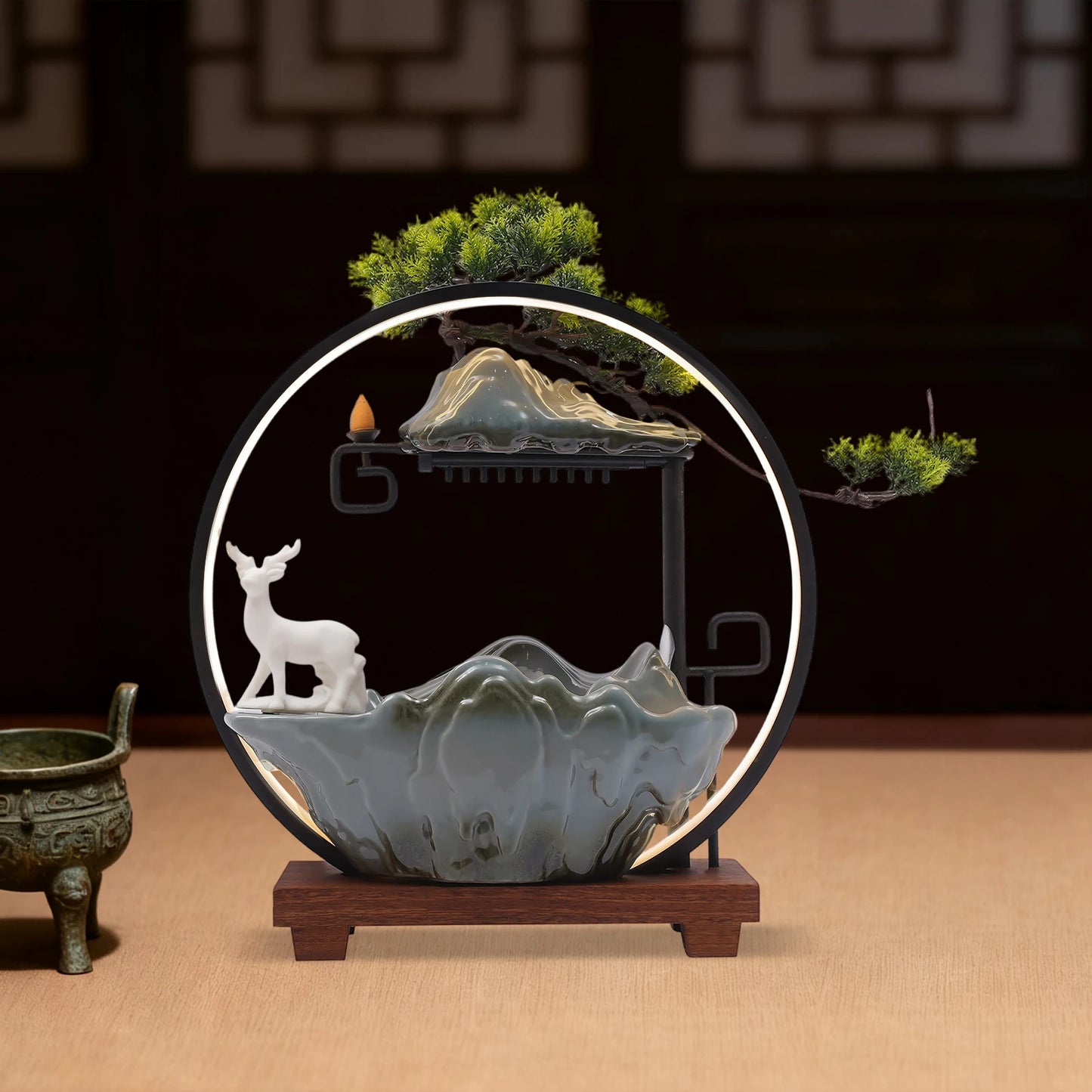 Ceramic Tabletop Fountain With LED Mist Deer Figurine Pine Branches