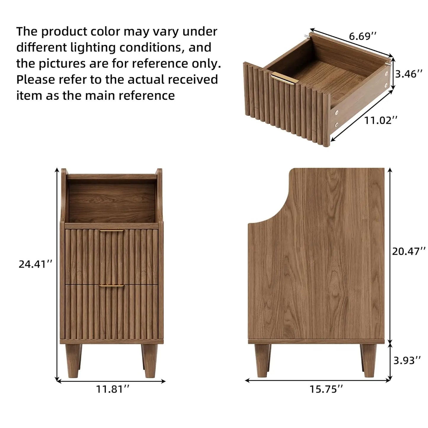 Frame Narrow Nightstand Set Of 2 With 2 Drawers Fluted