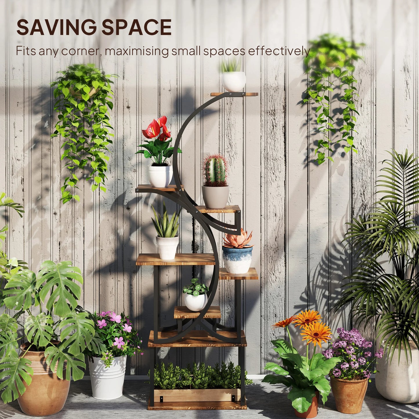 S Shaped Corner Plant Stand With Metal Frame Carbonized Finish