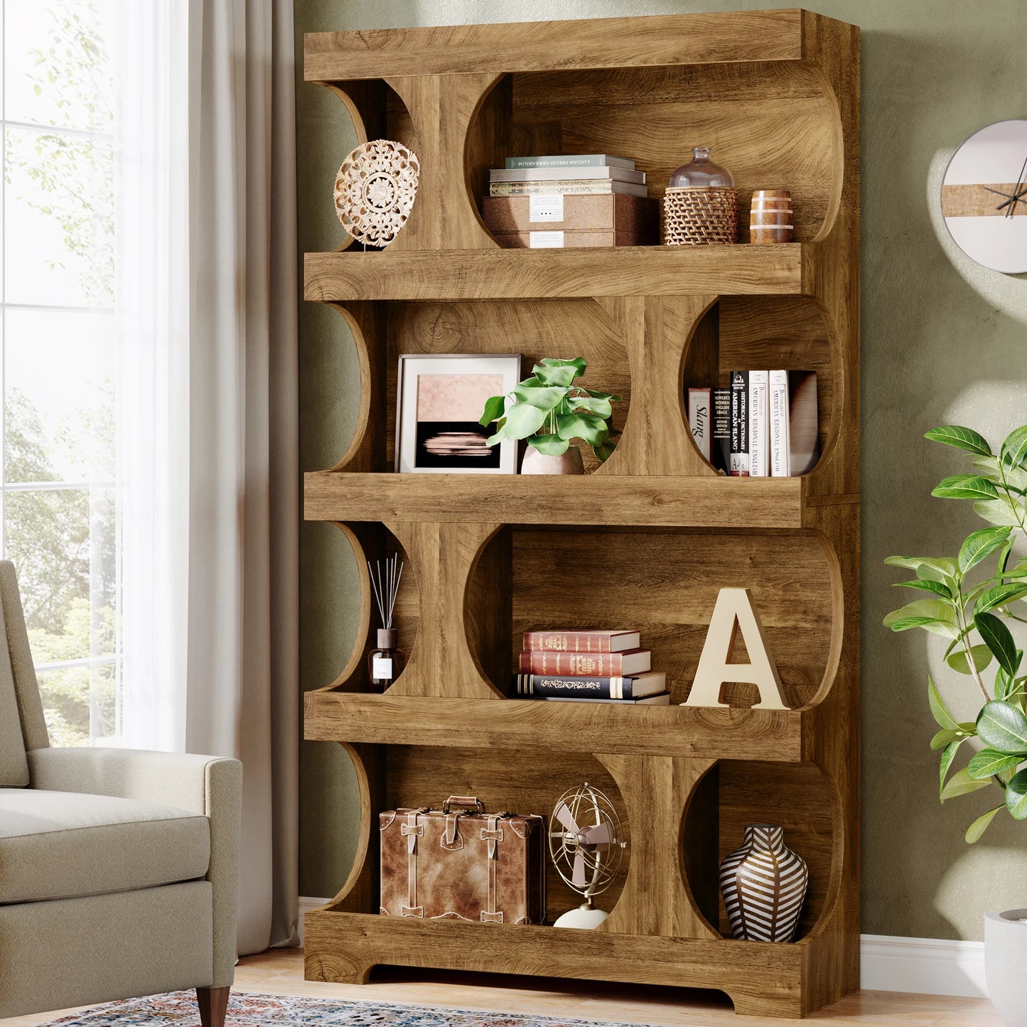 Tribesigns 4 Tier S Shaped Bookcase Modern Wood Display Shelves