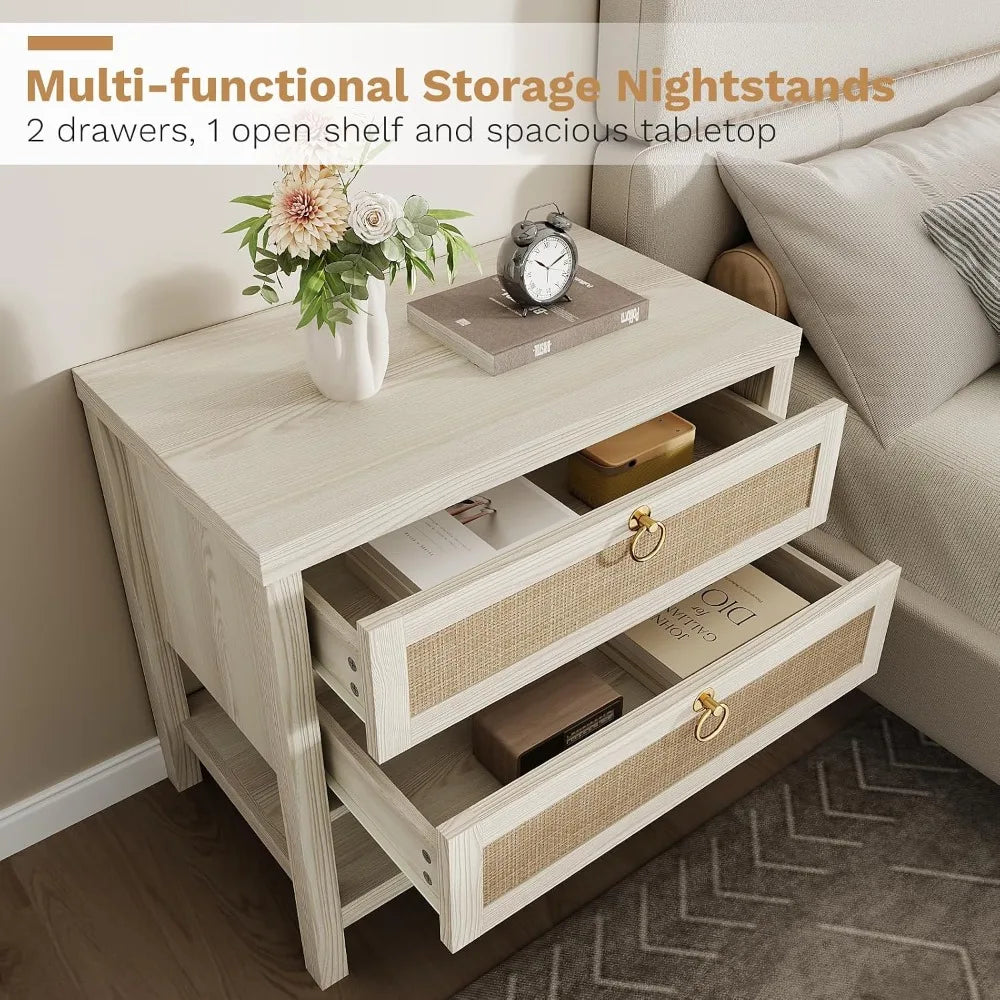 Rattan Nightstands Set of 2 Boho Style Bedroom End Tables
