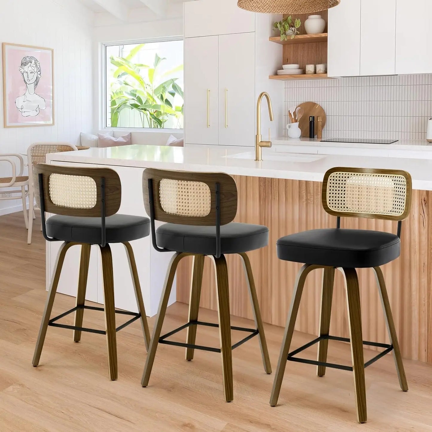 Swivel Bar Stools Set of 3 Upholstered Faux Leather Rattan
