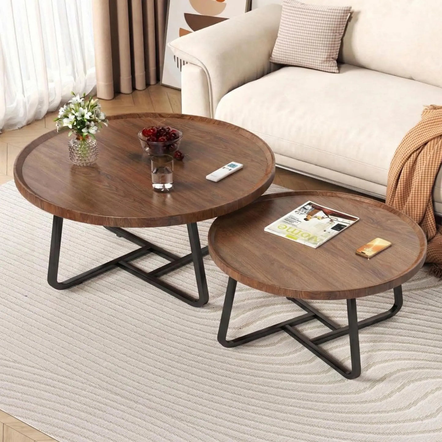 HiMISS Nesting Coffee Table Set Mid Century Modern Fluted Wood