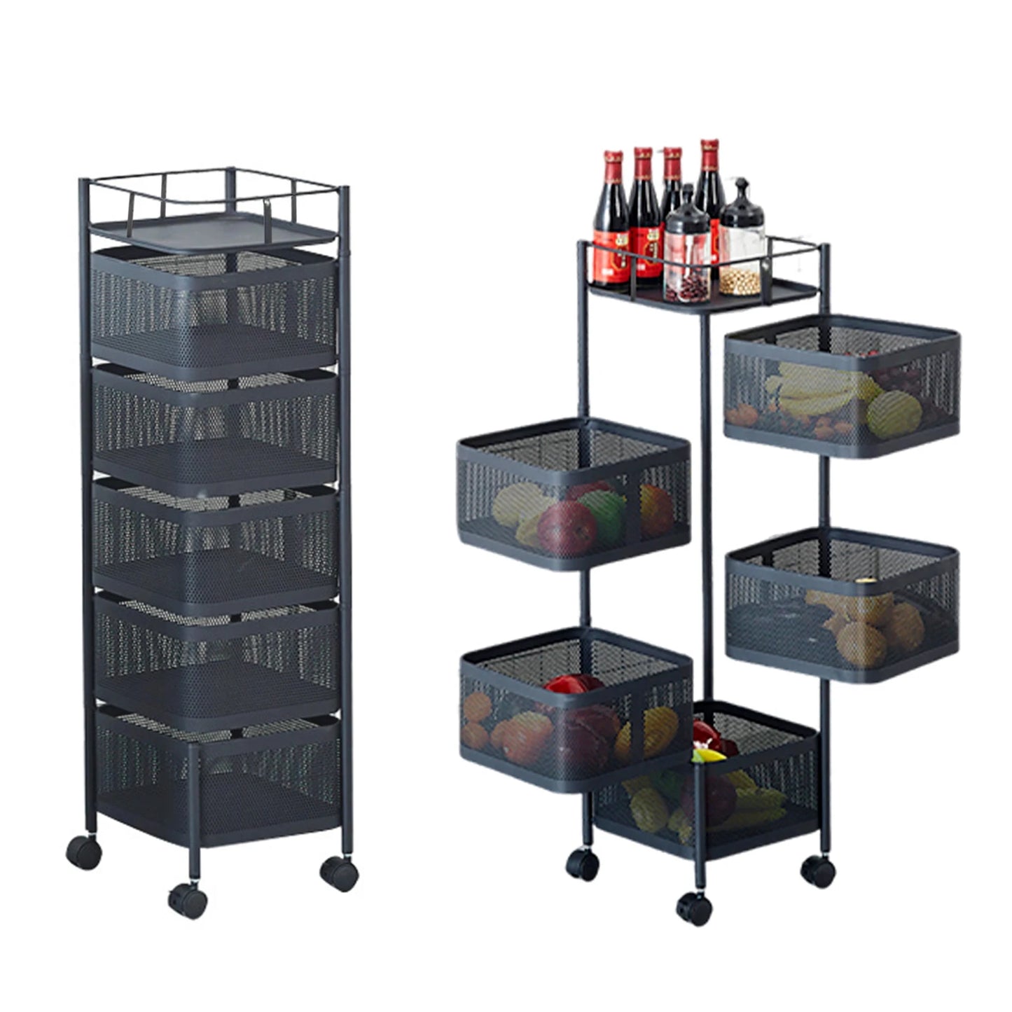 Five Layers 360 Degree Rotatable Trolley Storage Rack, Carbon Steel Storage Rack, Kitchen Vegetable Rack, Snack Storage Rack