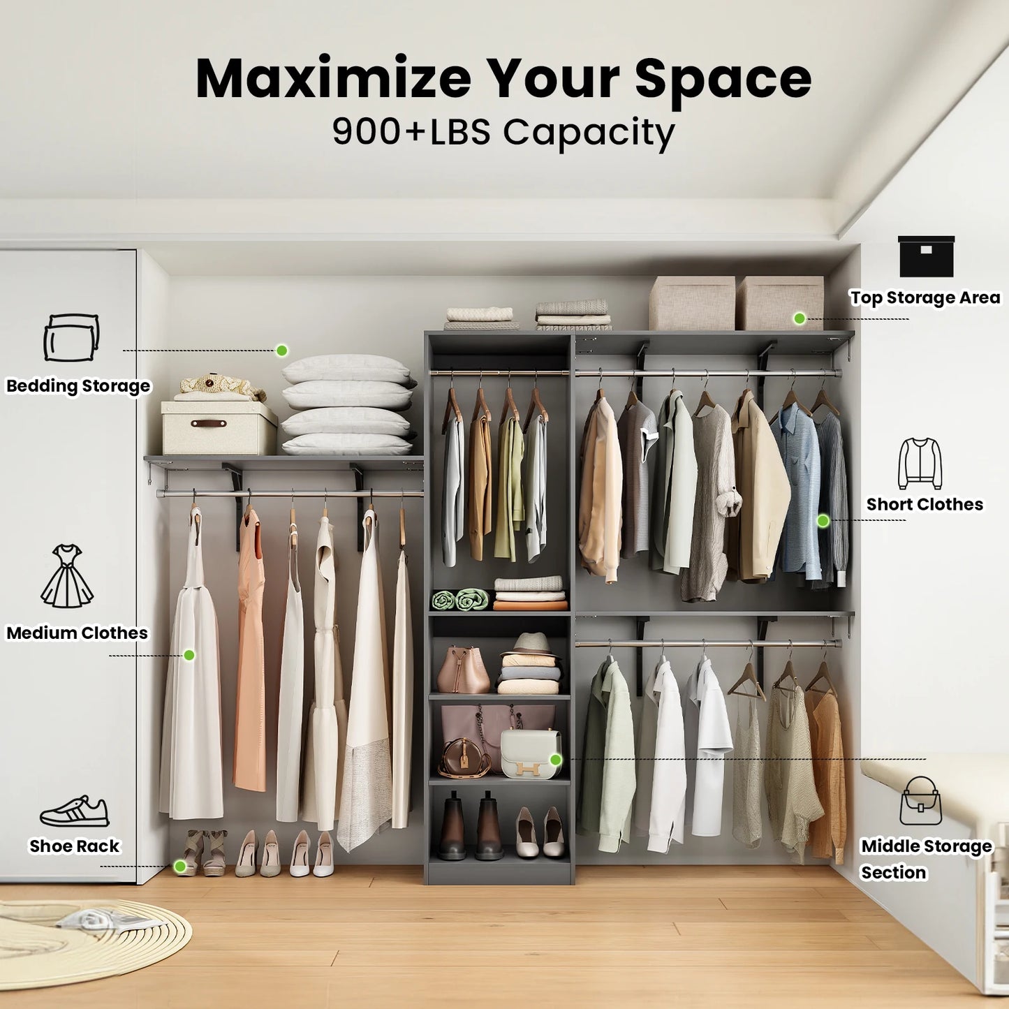 FARINI Heavy Duty Closet Organizer With 4 Hang Rods And 5 Shelves