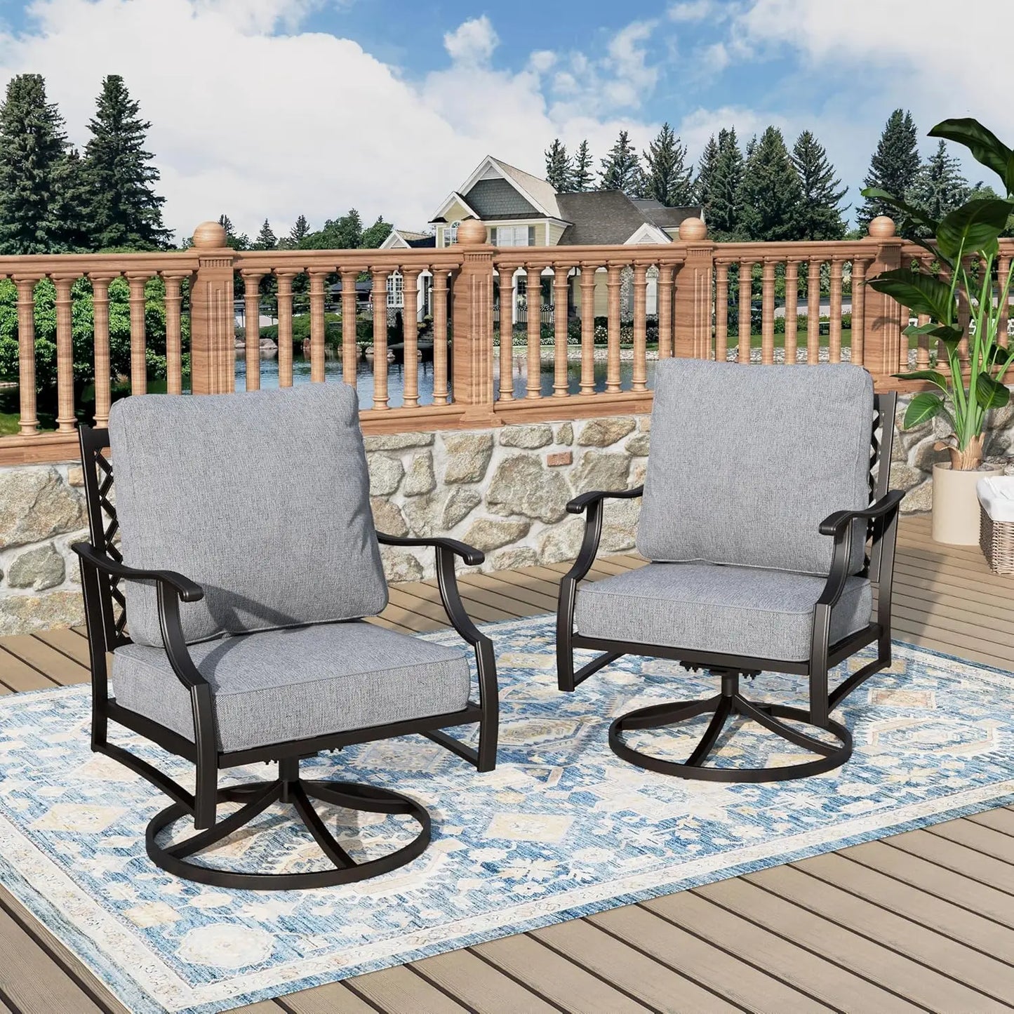 Swivel Patio Chairs Set Of Two Outdoor High Back Metal Cushioned