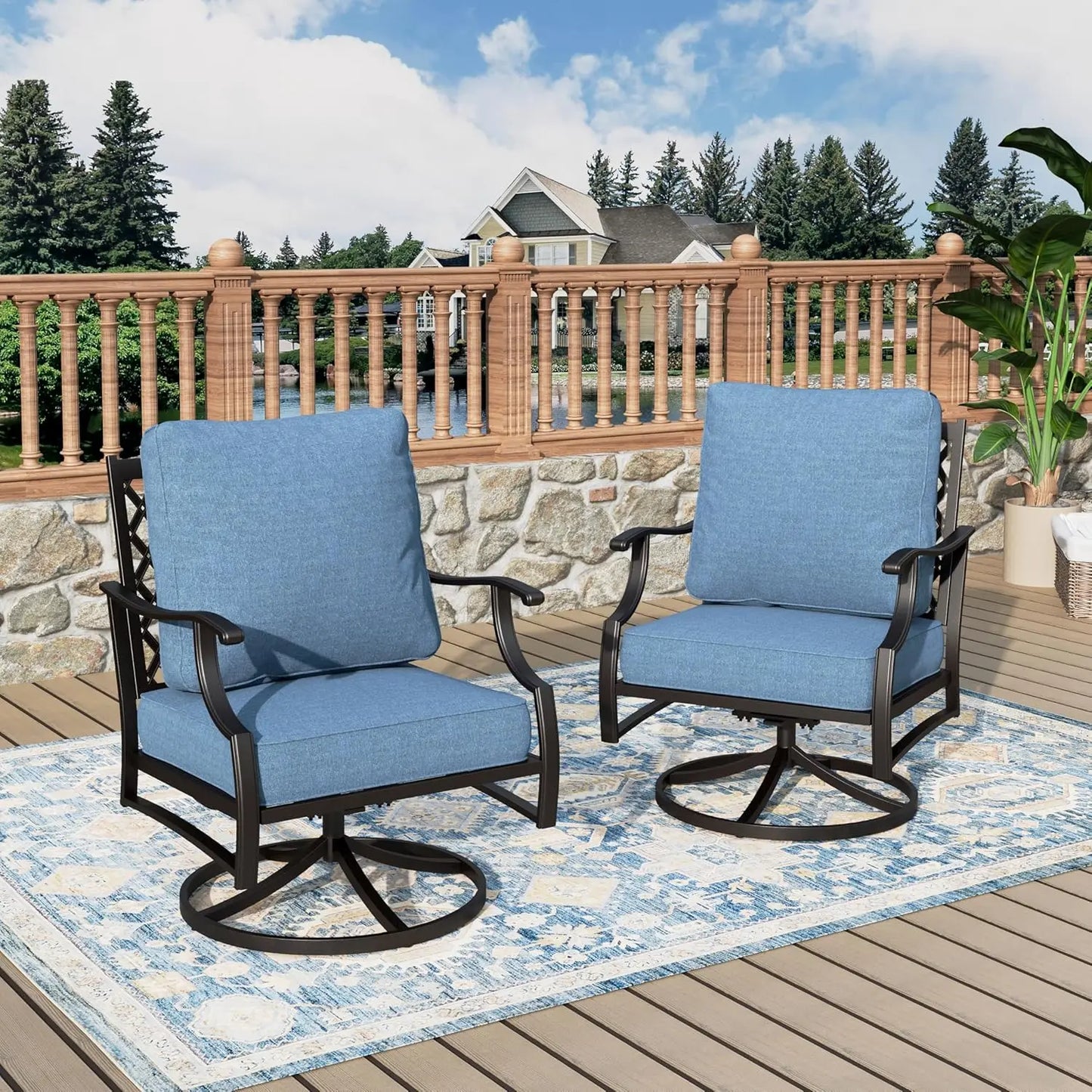 Swivel Patio Chairs Set Of Two Outdoor High Back Metal Cushioned