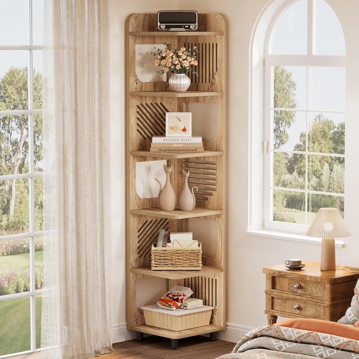 6 Tier Tall Corner Shelf Bookshelf Freestanding Bookcase Home Office