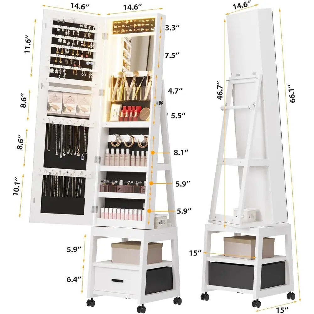 MKDK 360 Degree Swivel Jewelry Cabinet With LED Mirror