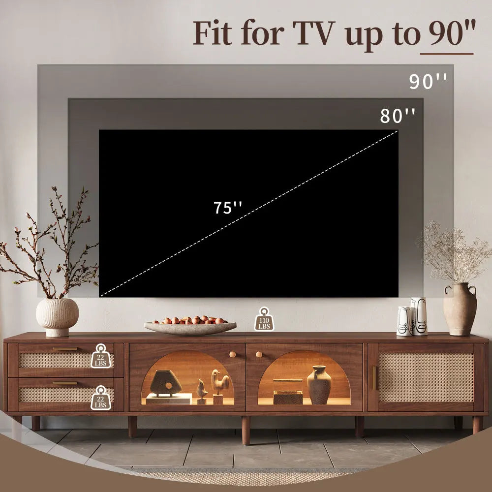 TV Stand With App LED Lights Glass Door Drawers Storage