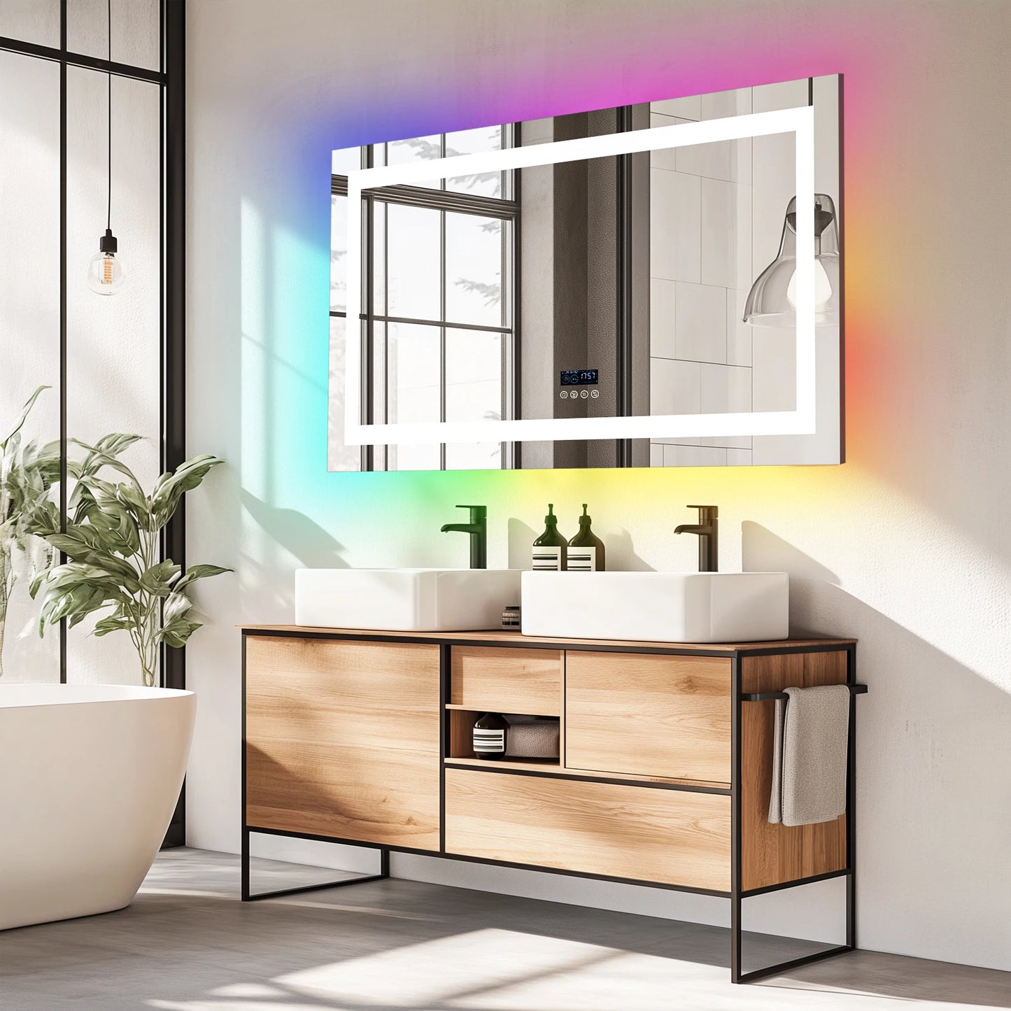 Rectangular LED Bathroom Mirror Front-Lit RGB Backlight Touch Antifog Bluetooth