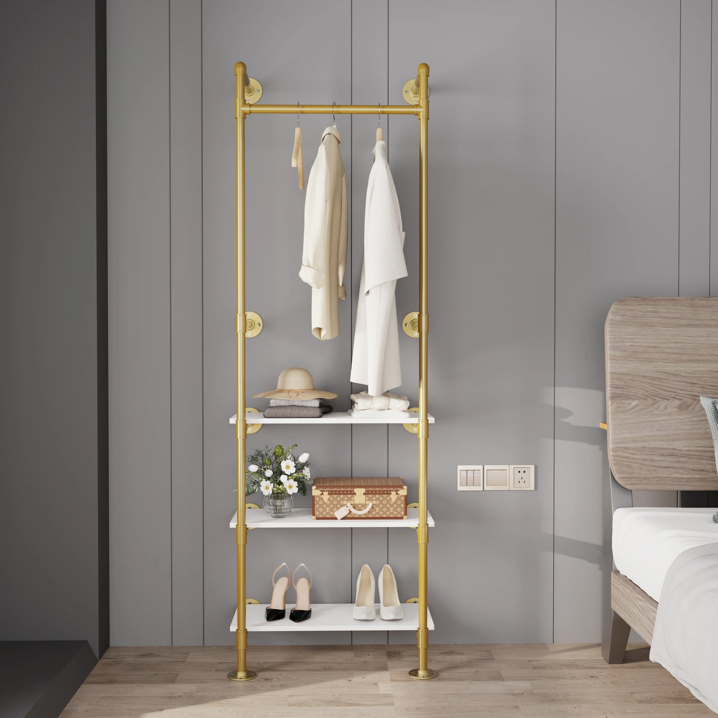 Industrial Pipe Clothing Rack Wall Mounted Three Tier Cast Iron