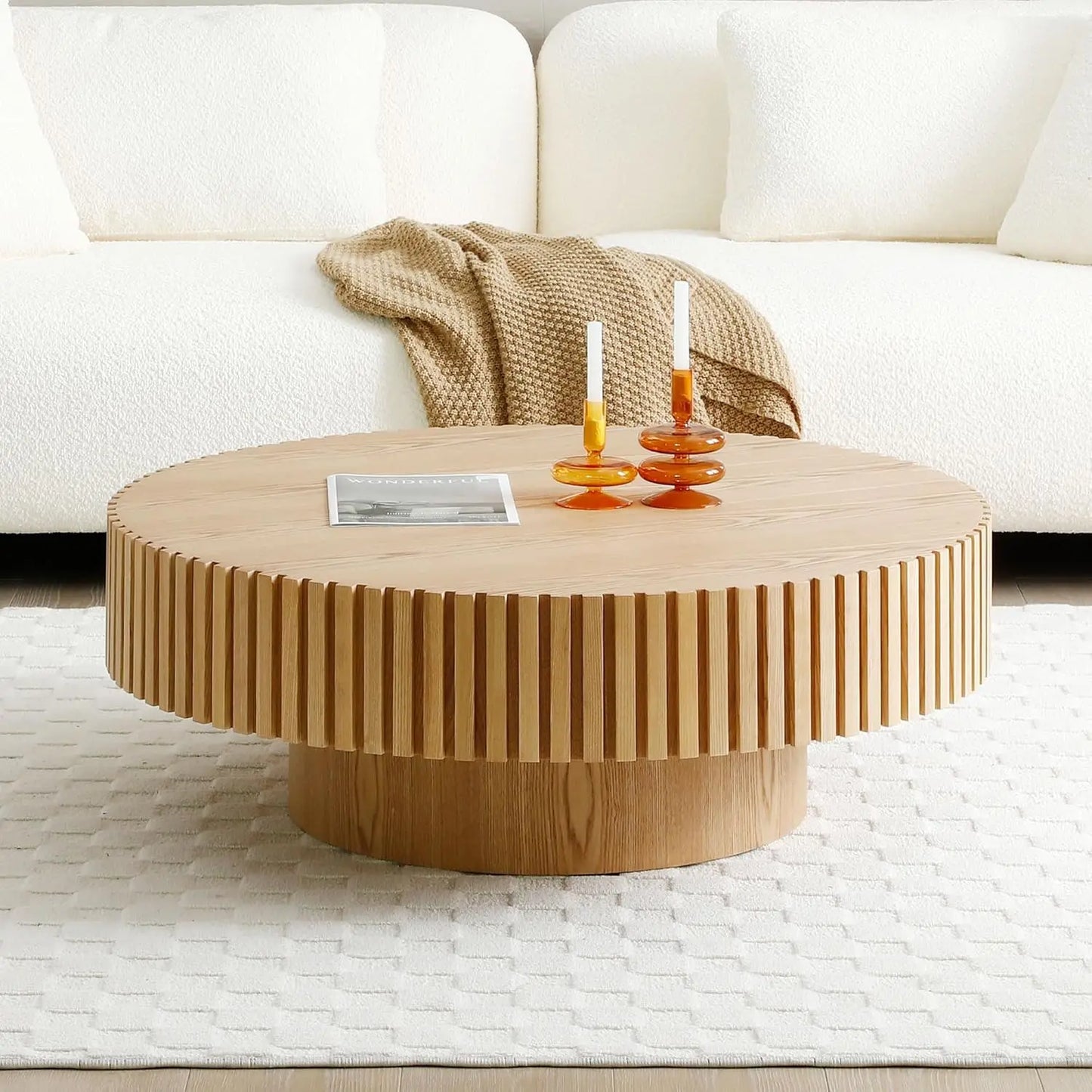Oak Round Coffee Table Wood Modern Drum Fluted Circle