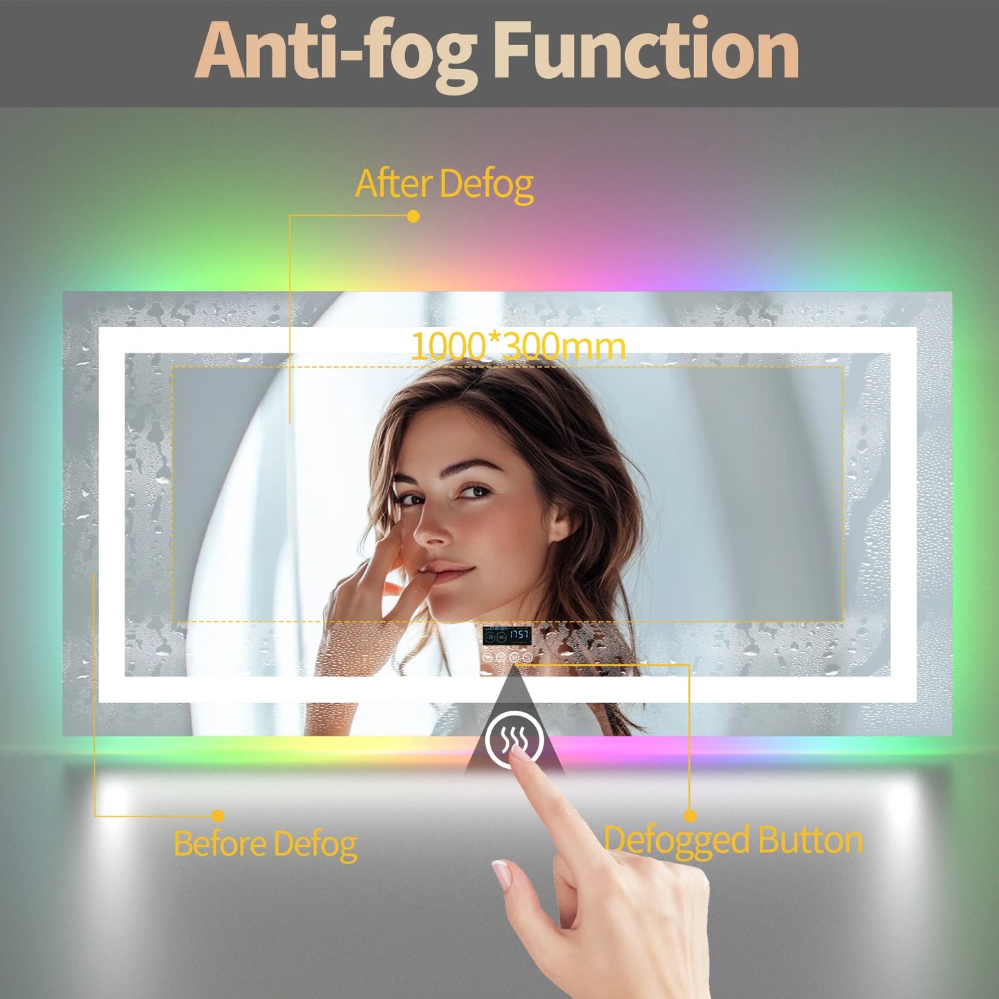 Rectangular LED Bathroom Mirror Front-Lit RGB Backlight Touch Antifog Bluetooth