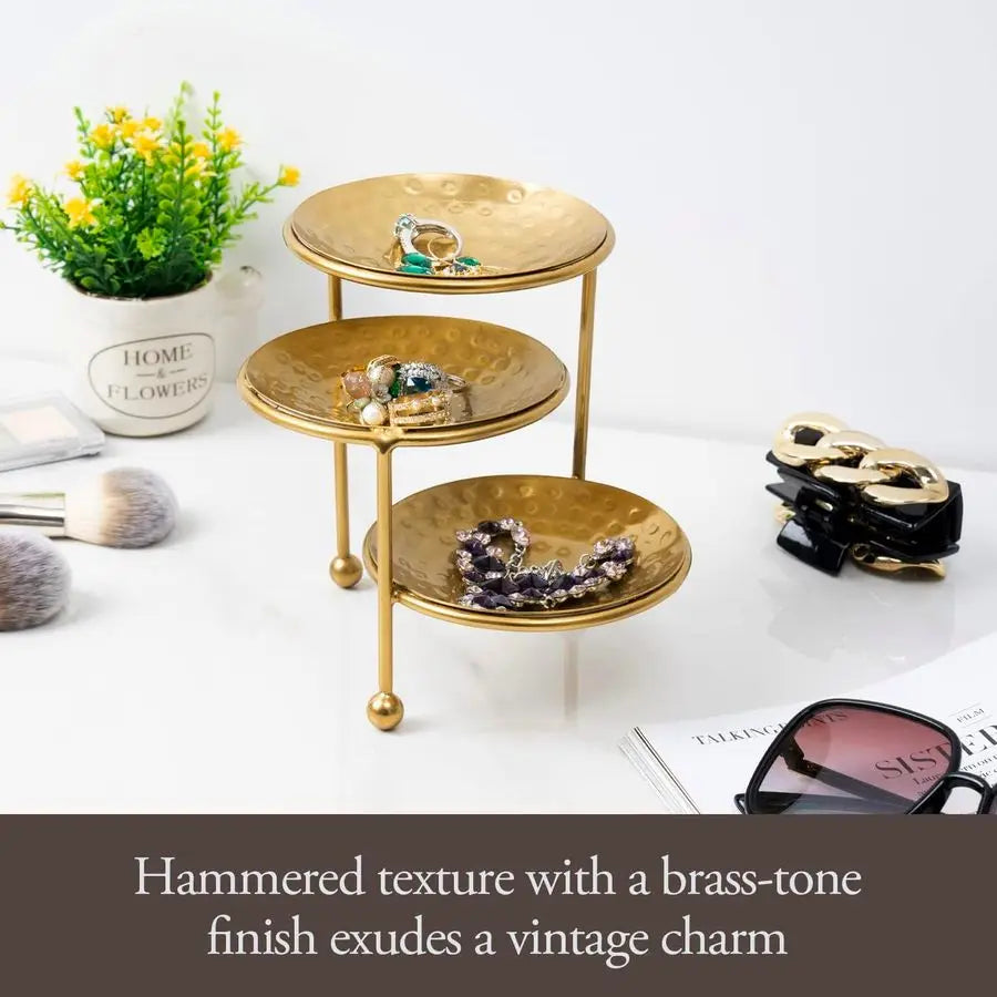 Hammered Brass Plated 3 Tier Jewelry Organizer Ring Dish Stand