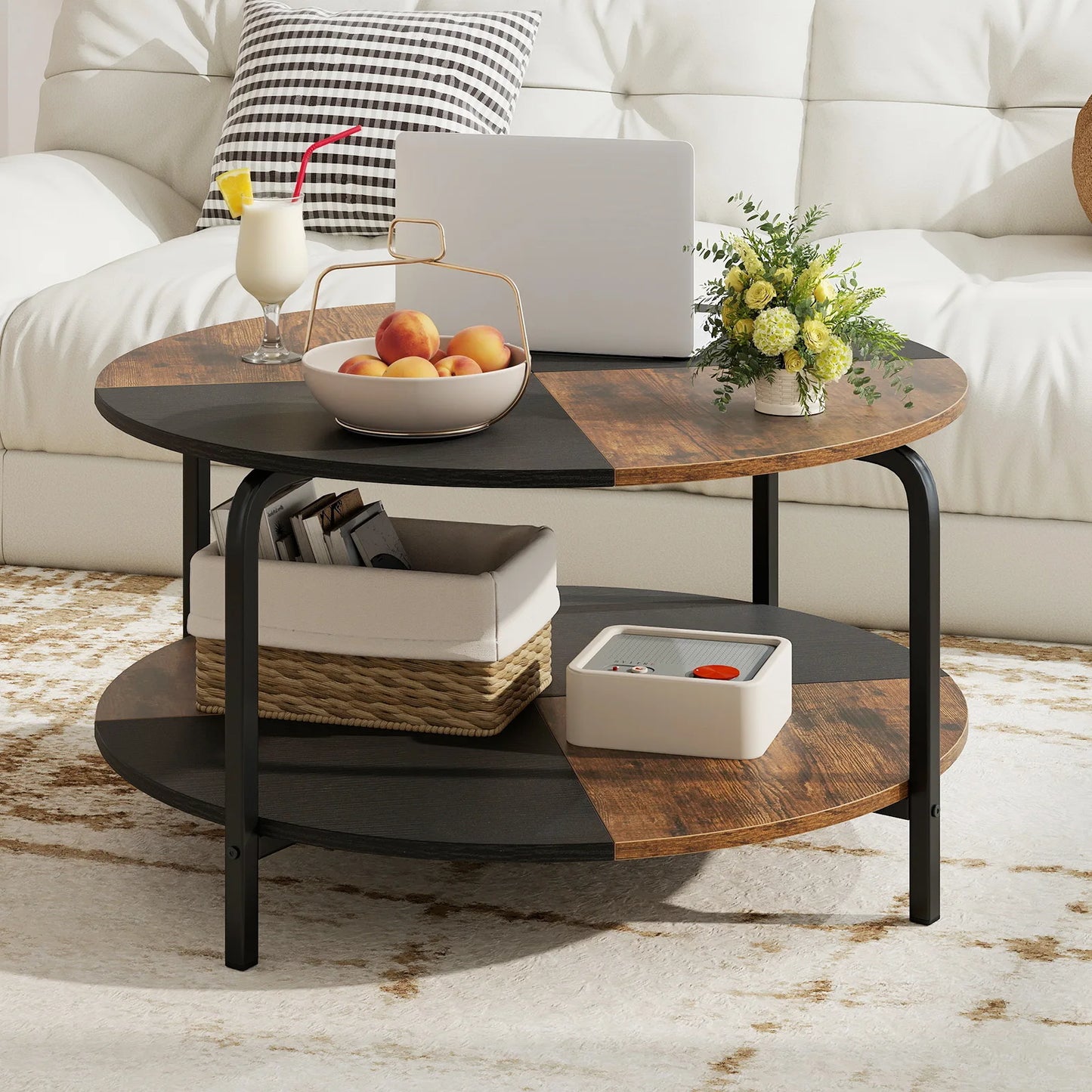 HOMASIS Two Tier Round Coffee Table With Storage Shelf Metal Frame