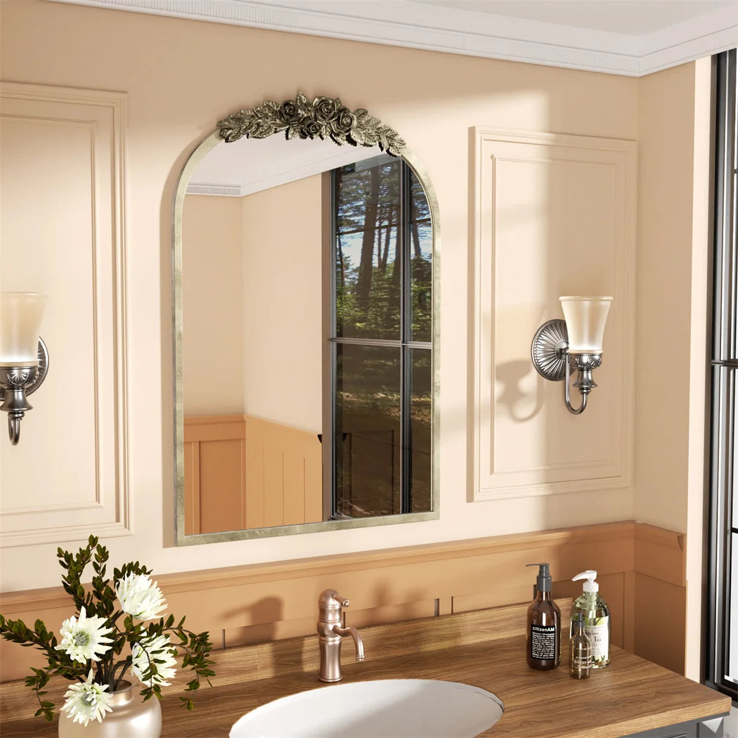 LUVODI Arched Wall Mirror With Metal Frame And Resin Rose Pattern