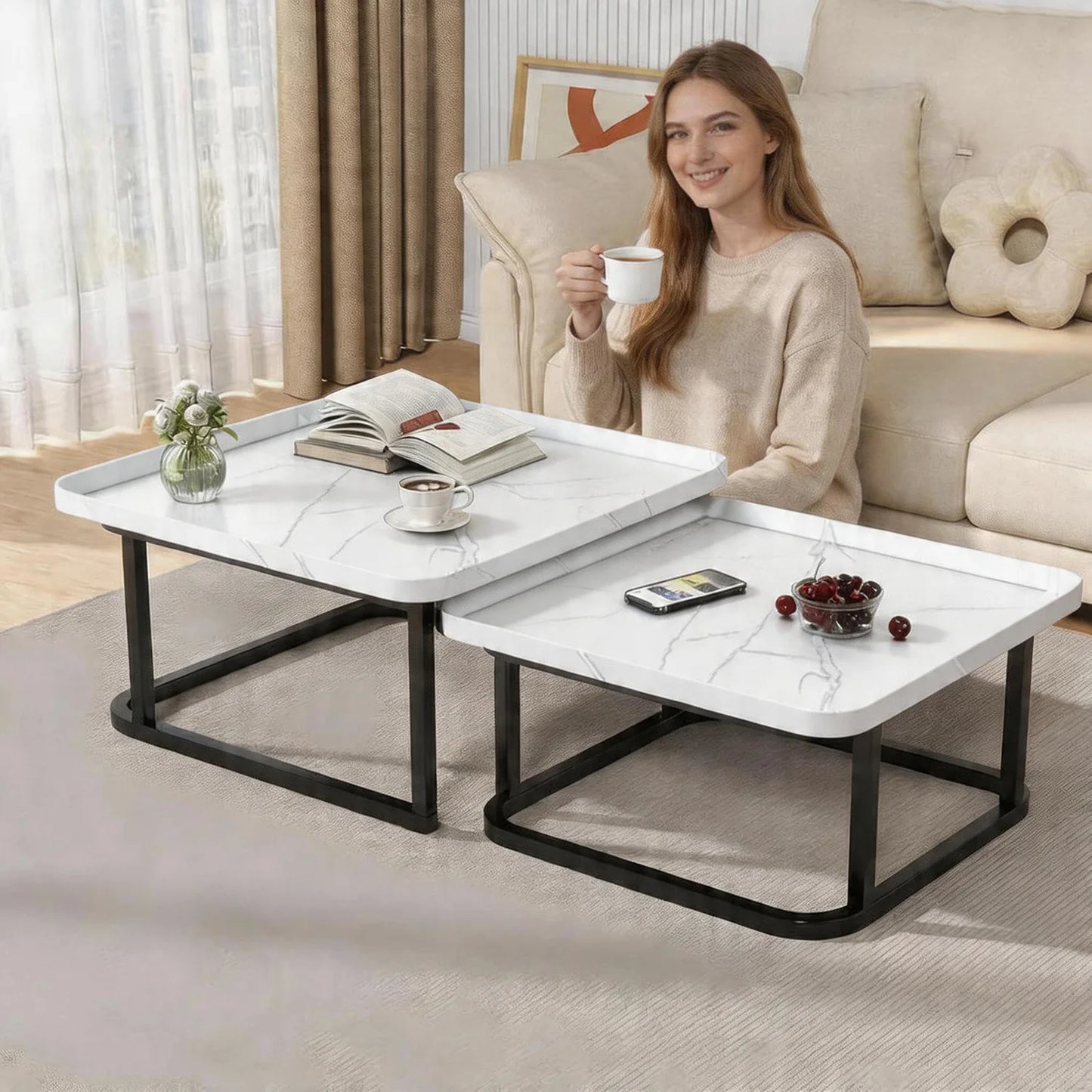 HiMISS Square Nesting Coffee Tables With Fluted Wood Design