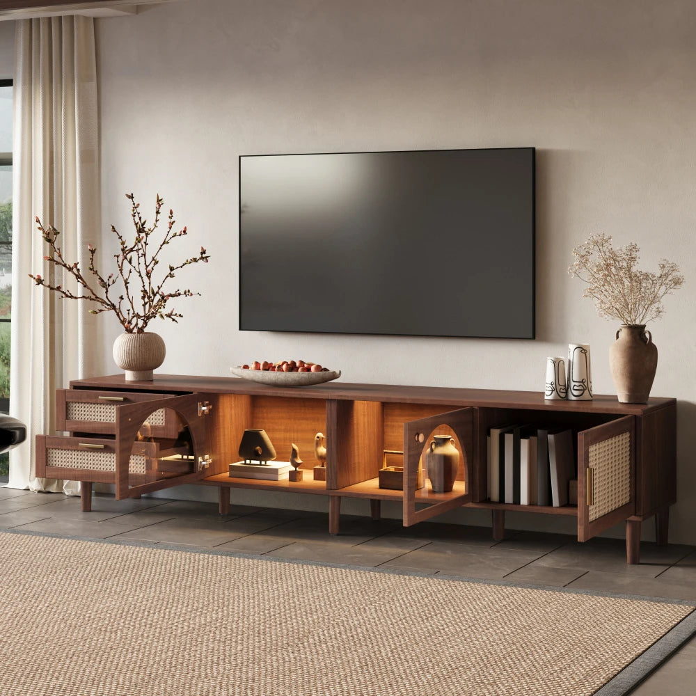 TV Stand With App LED Lights Glass Door Drawers Storage