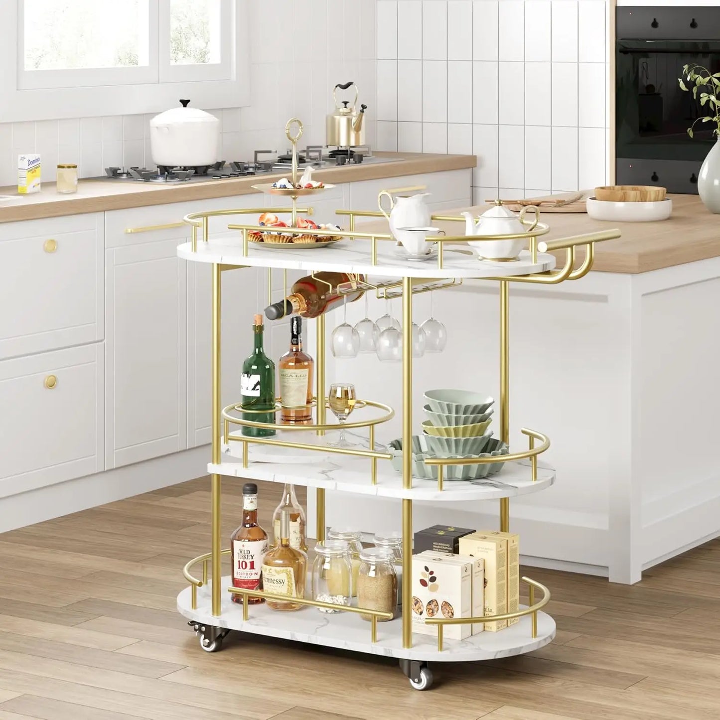 HobbyLane Gold Bar Cart With 4 Tier Storage On Wheels Wine Rack Glass Holder