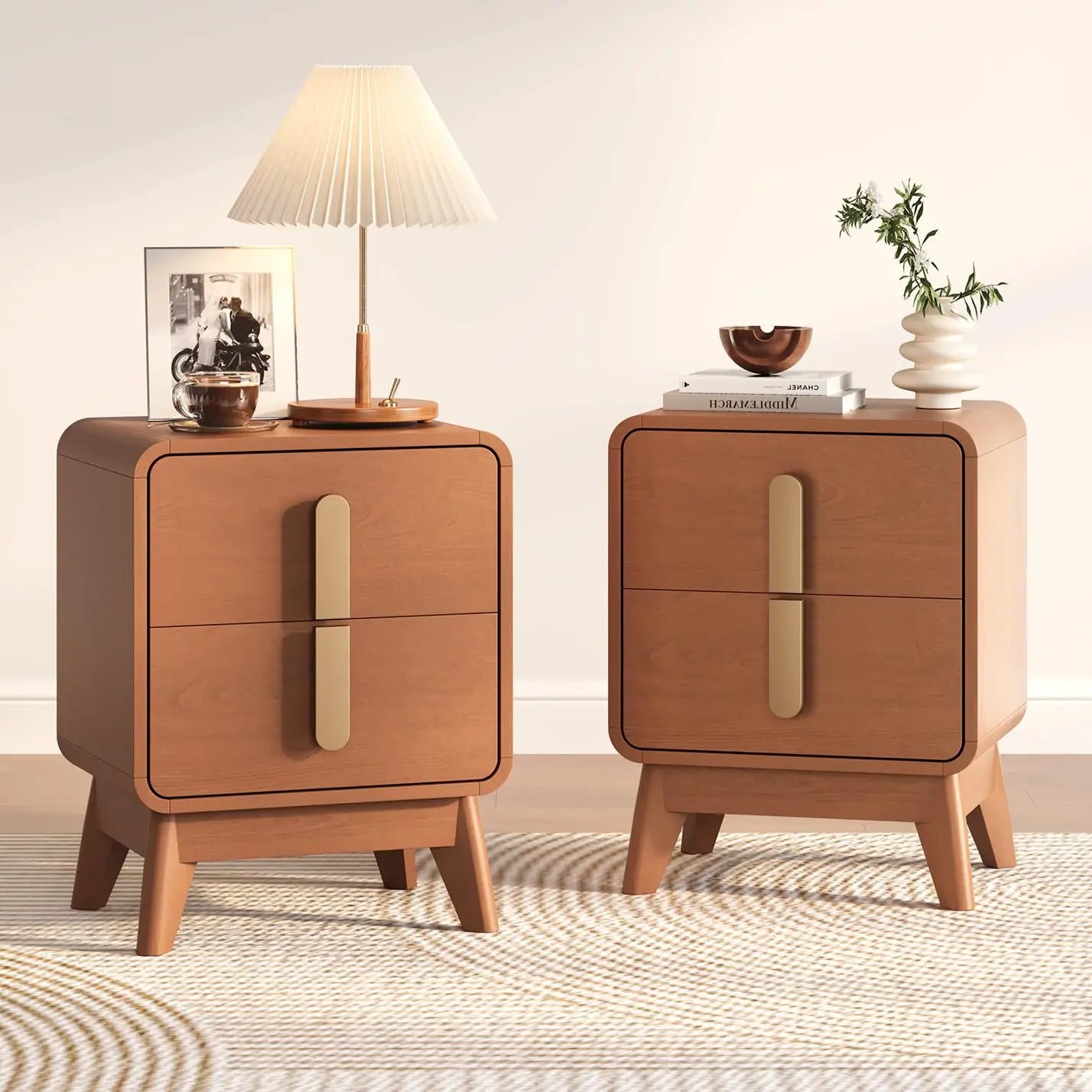 Mid Century Modern Nightstands Set With Drawers Solid Wood Legs