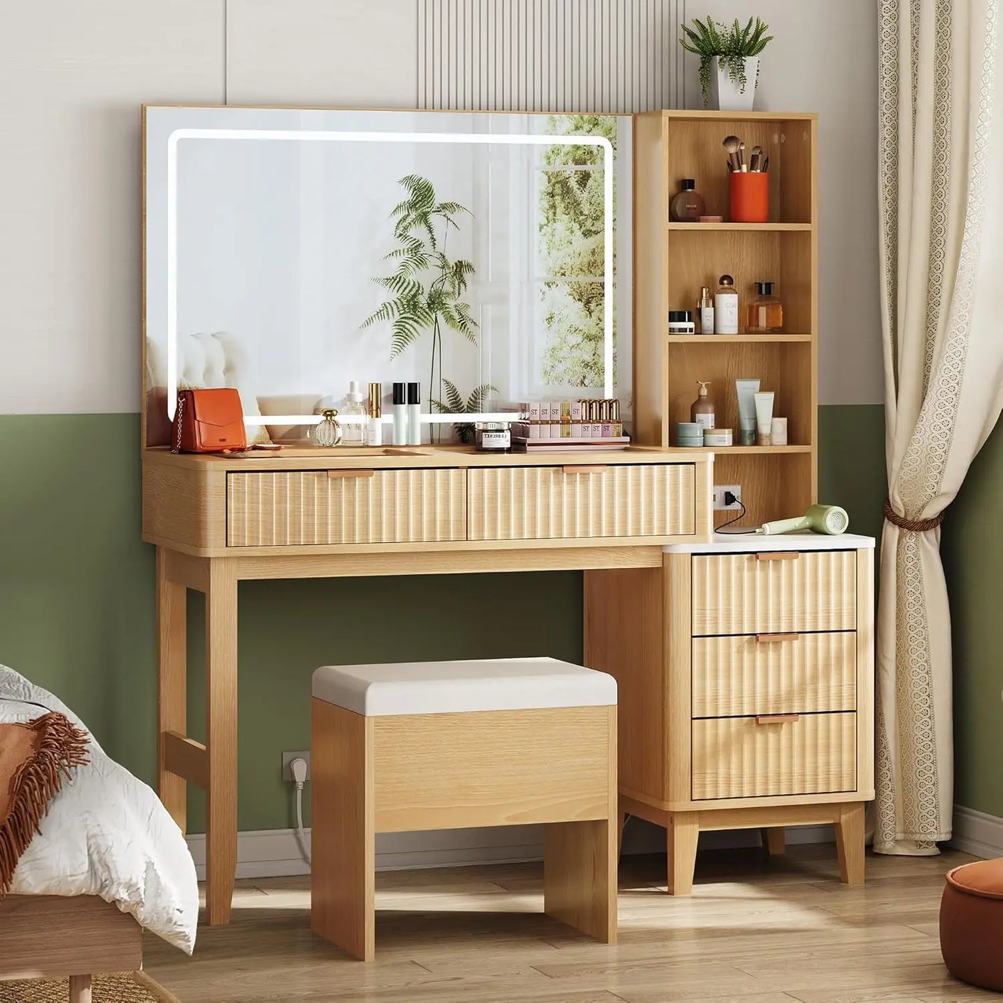 Vanity Table With Large LED Mirror And Charging Station