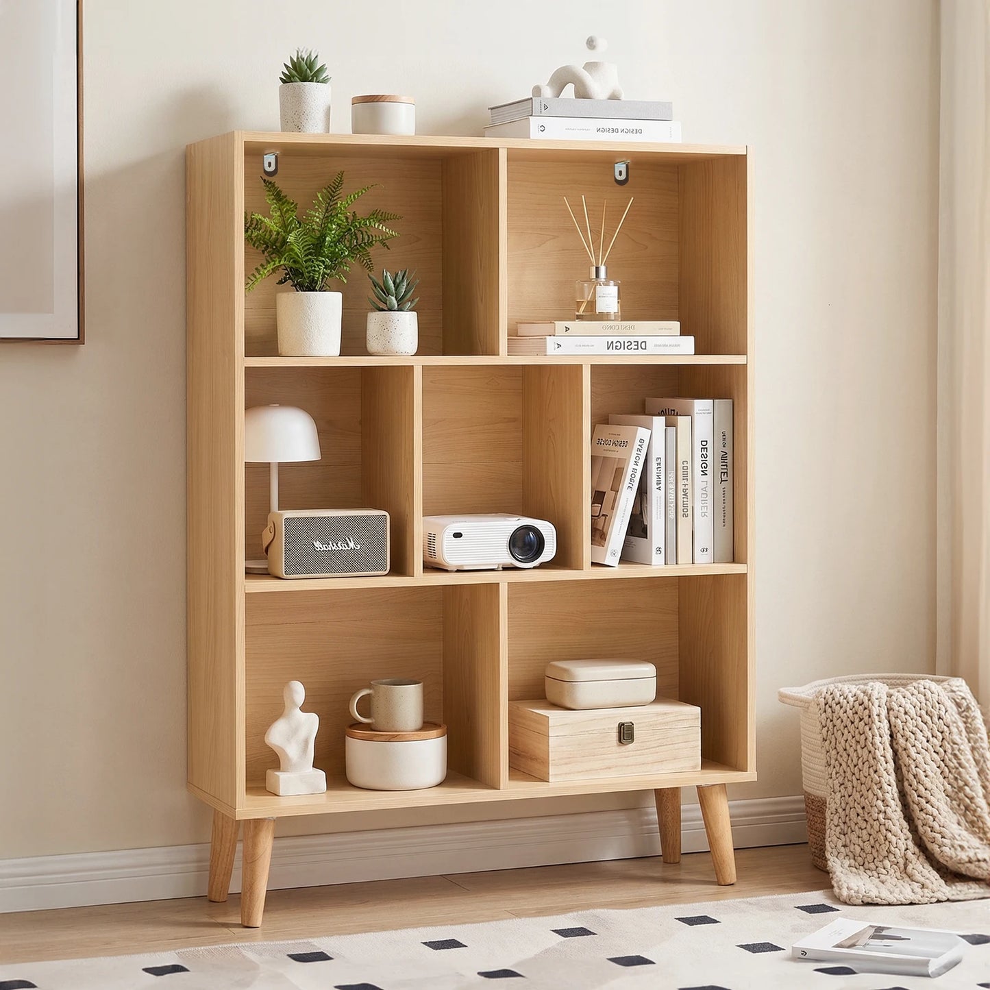 JHK 3 Tier Wooden Bookshelf With Seven Cube Storage Organizer