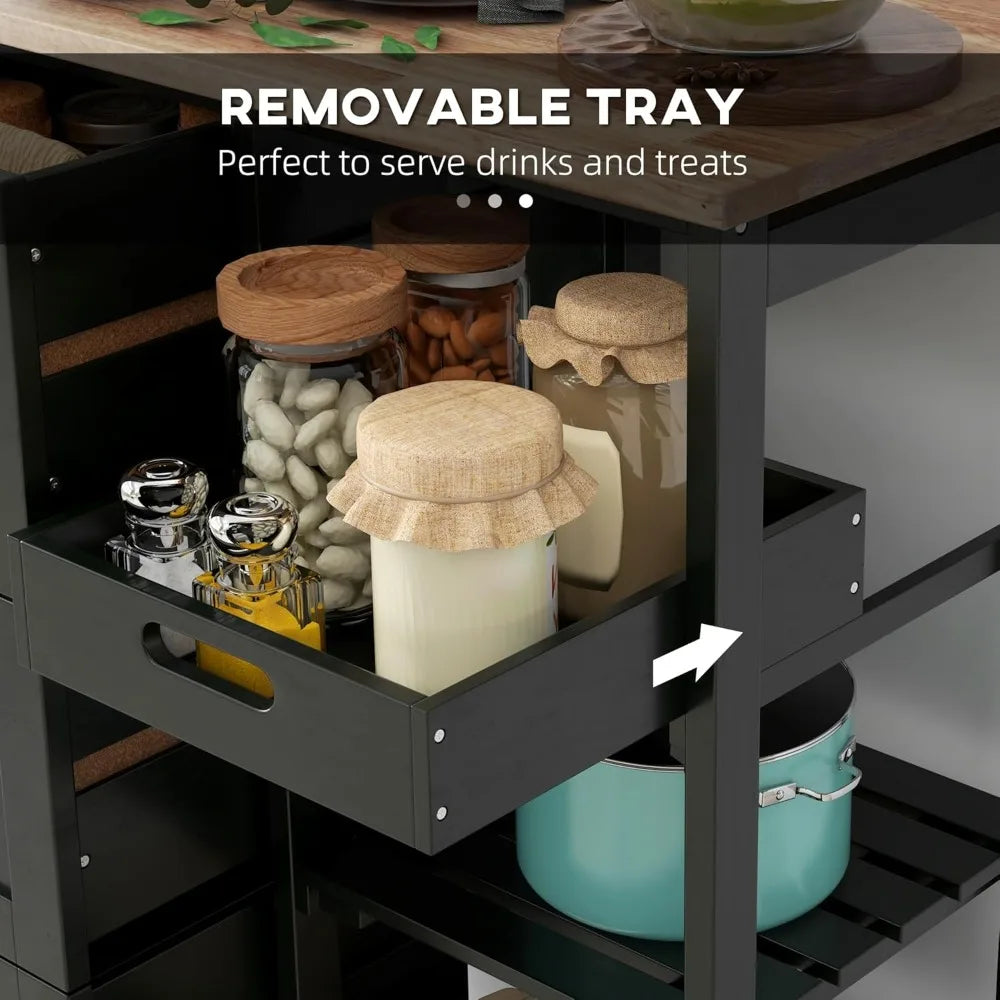 Rolling Kitchen Island Cart With Wood Top On Wheels Shelves