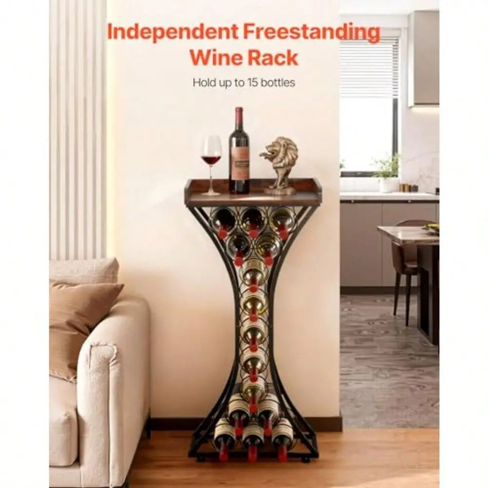15 Bottle Iron Freestanding Wine Rack With Wood Tabletop Bar