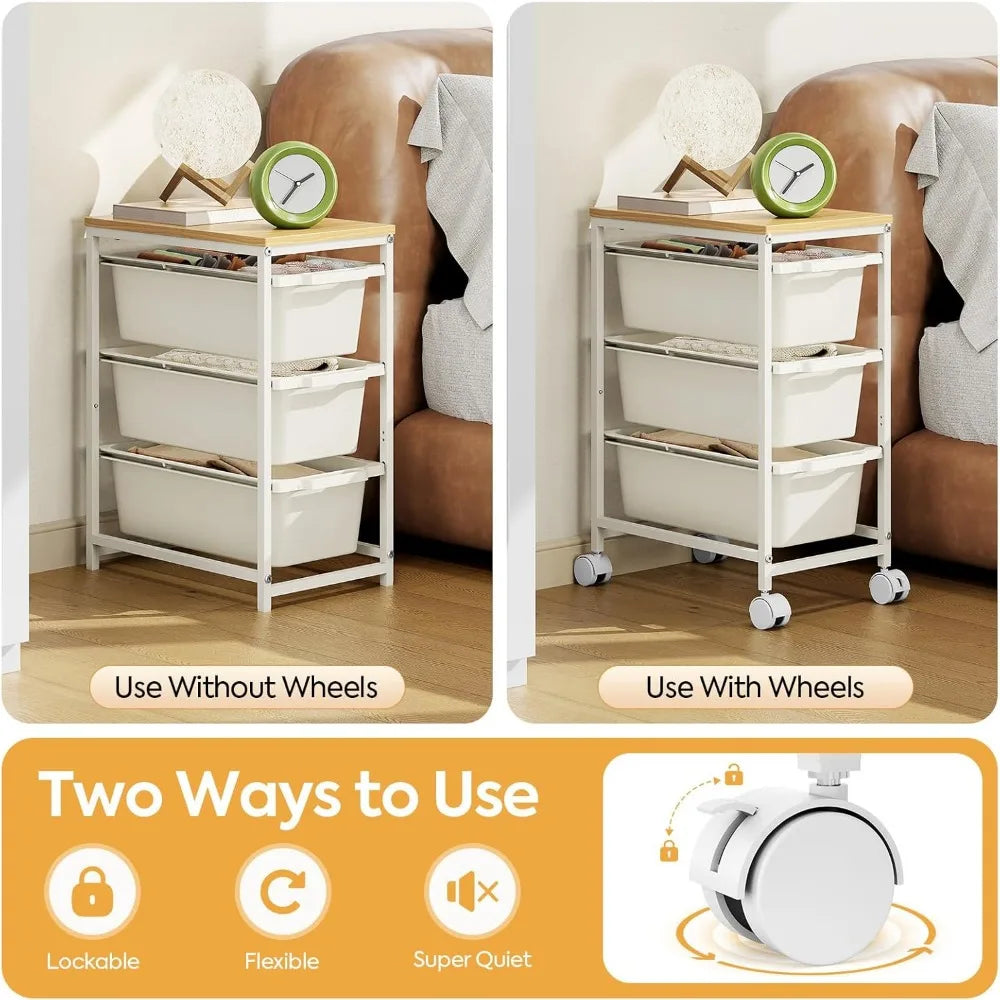 NBVCX Three Drawer Rolling Cart With Wood Top For Bedroom