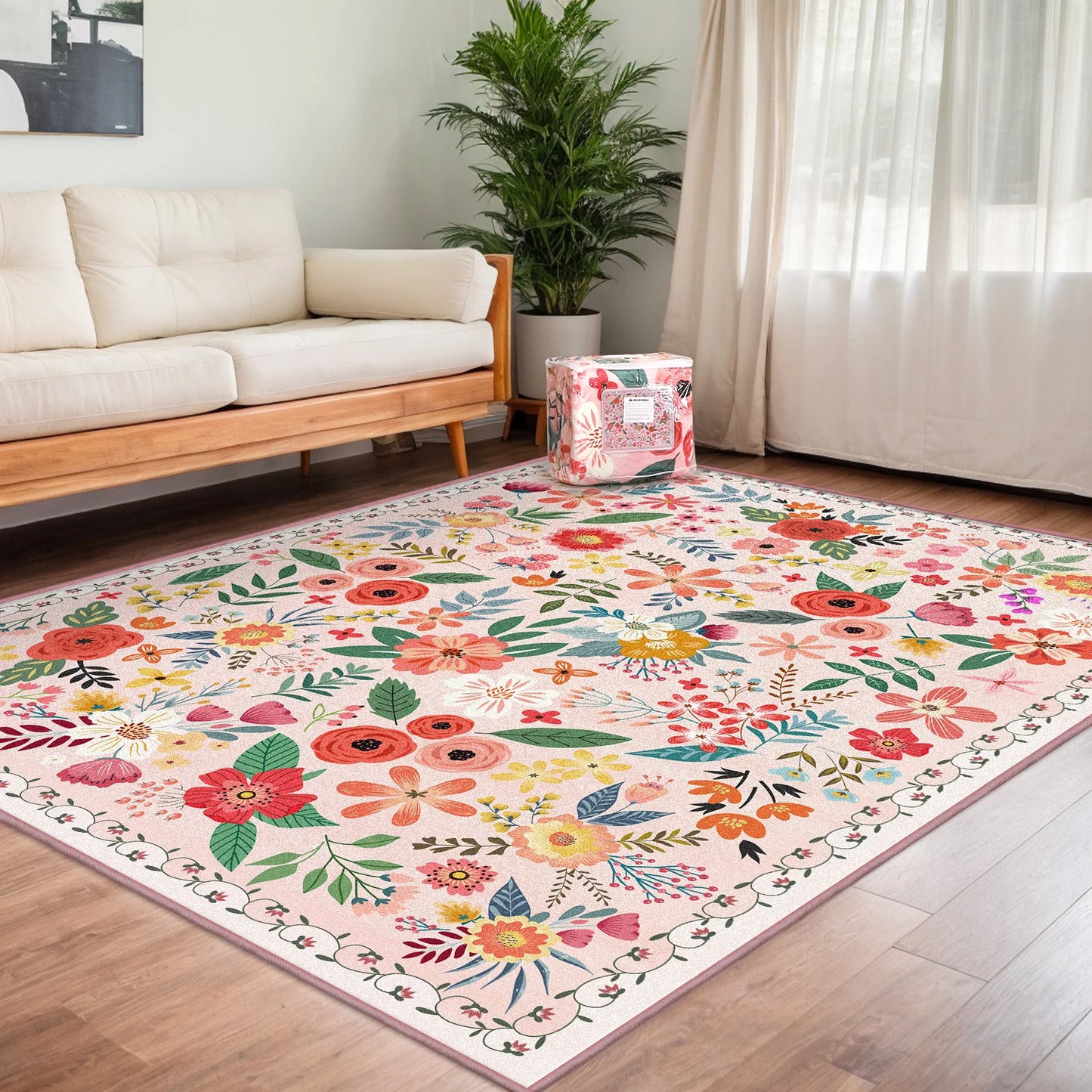 Soft Boho Floral Area Rug Washable Non Slip Living Room