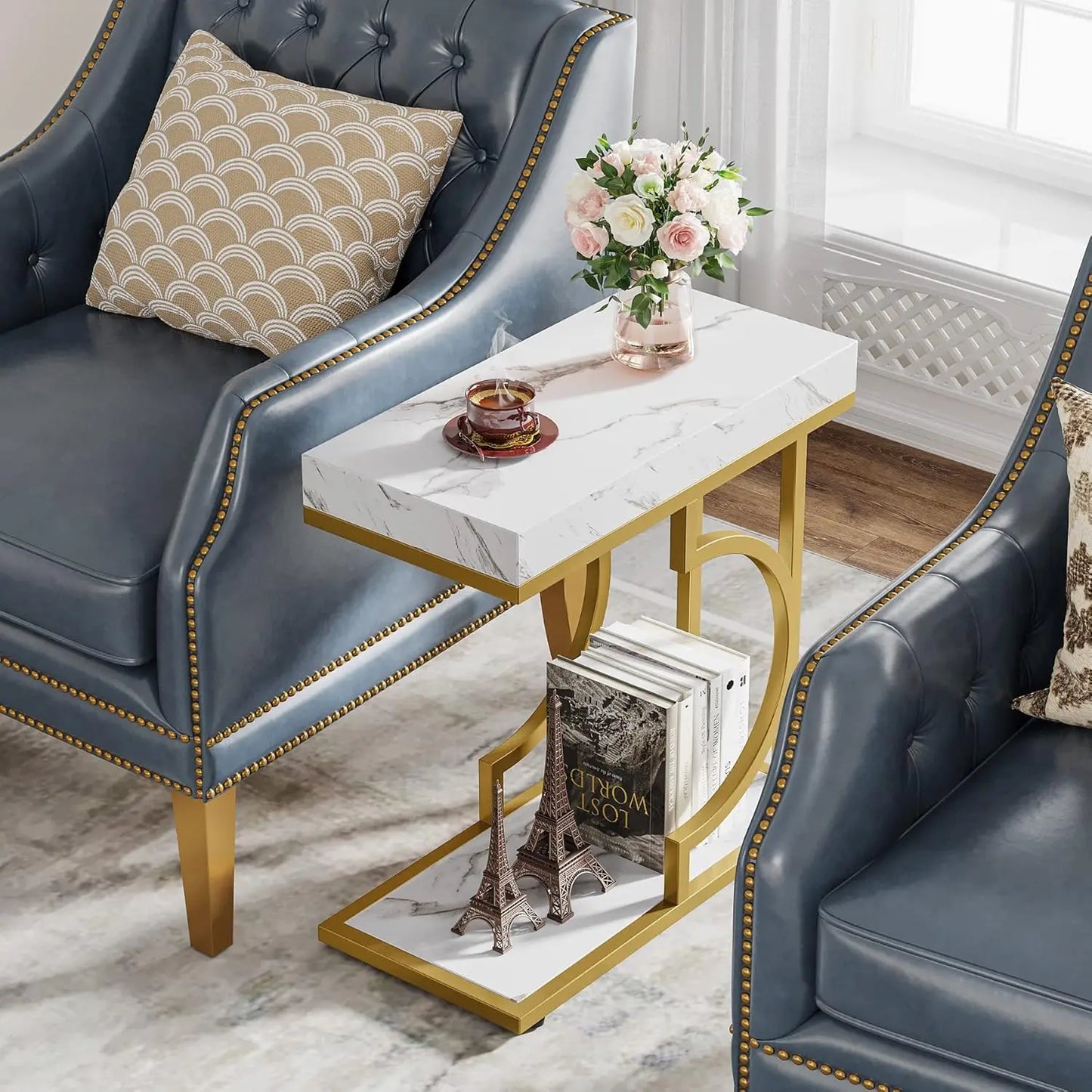 Little Tree C Shaped End Table With Metal Frame For Living Room