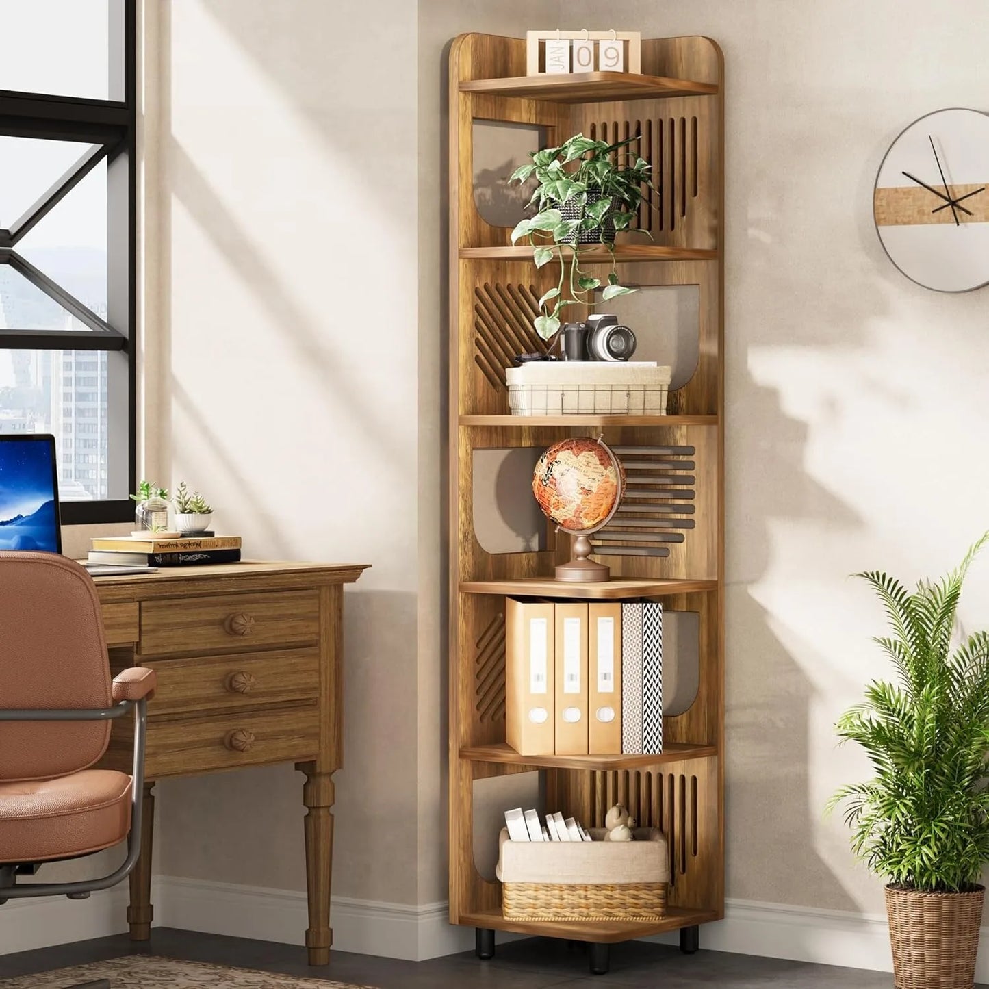 6 Tier Tall Corner Shelf Bookshelf Freestanding Bookcase Home Office