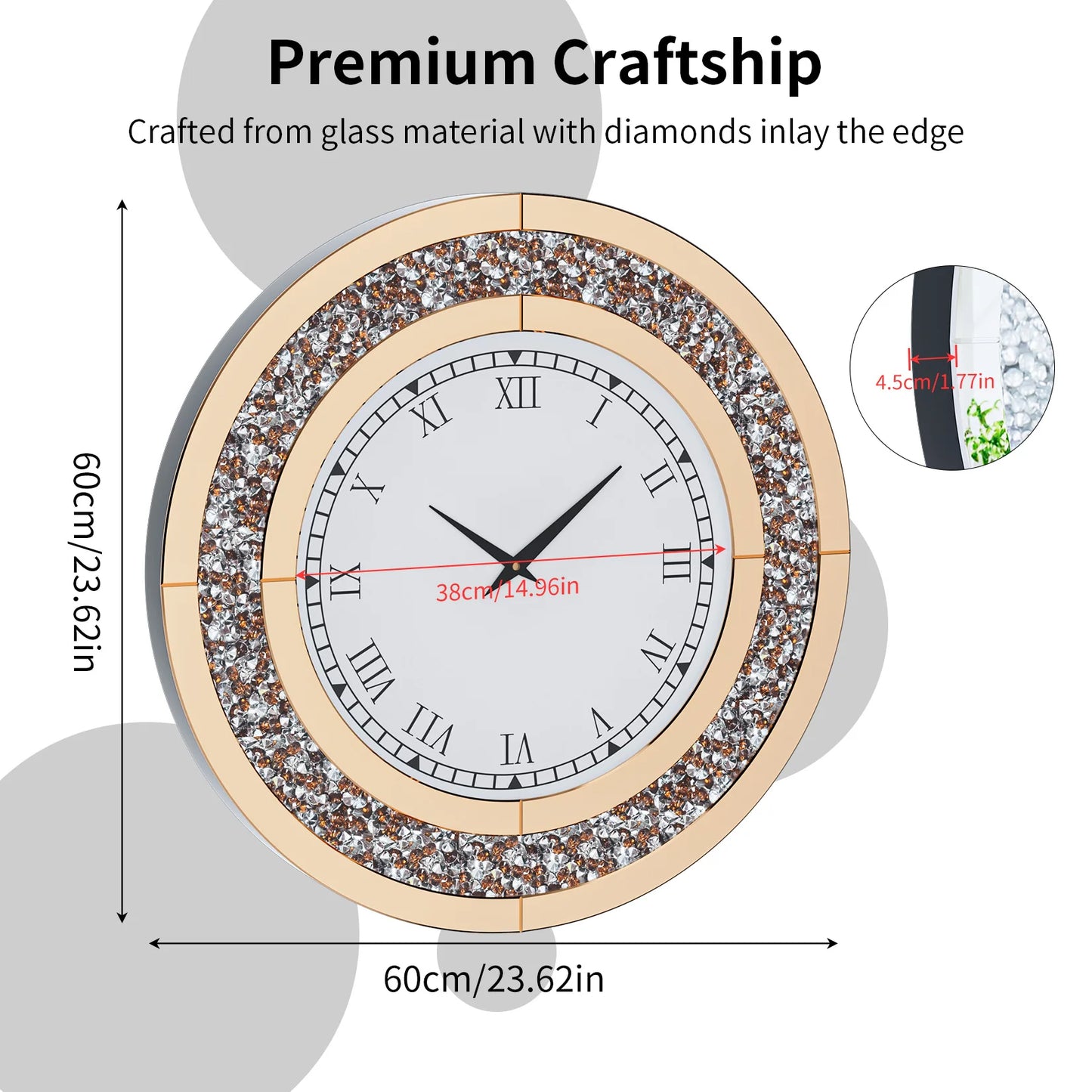 Round Mirrored Wall Clock With Crystals For Sparkling Decor