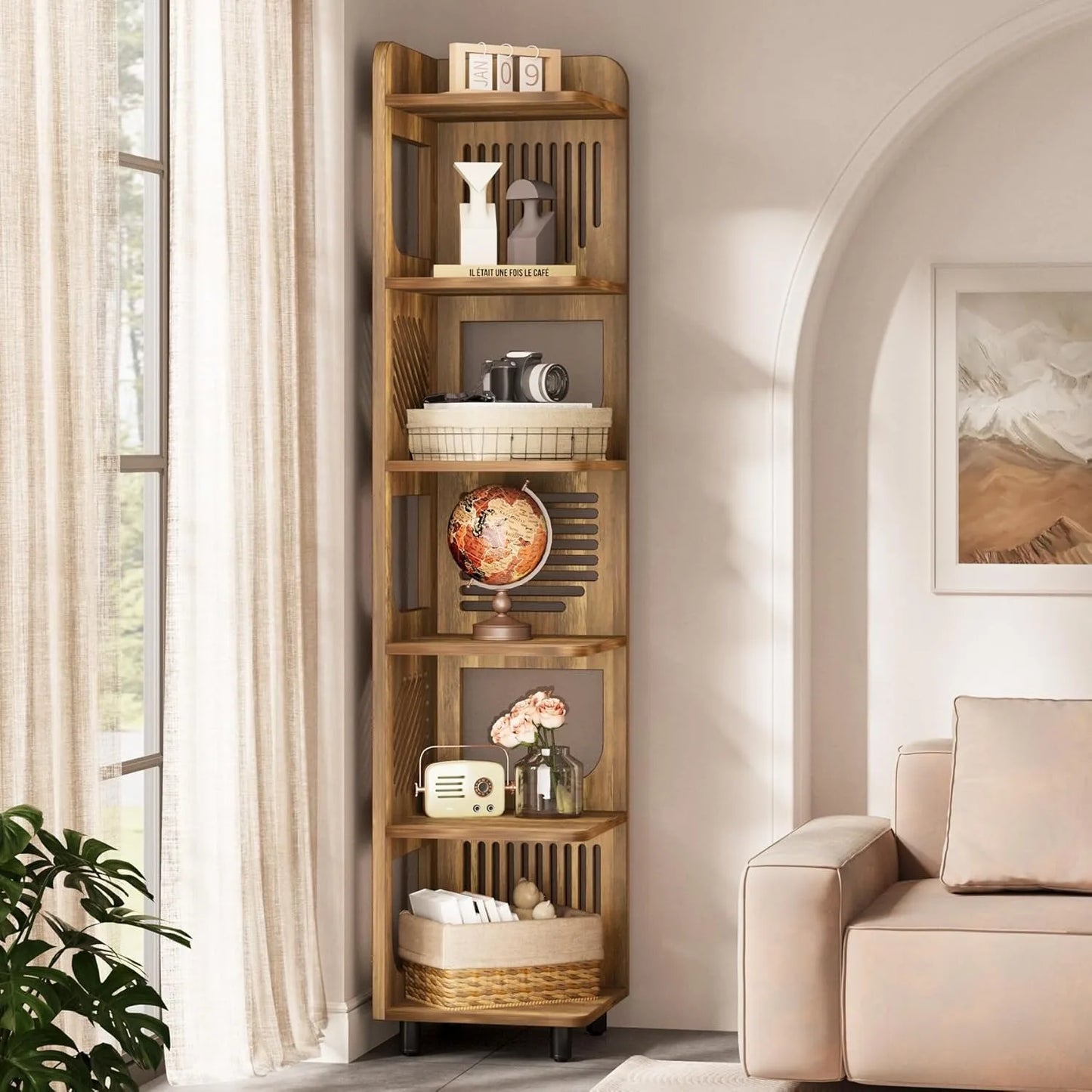 6 Tier Tall Corner Shelf Bookshelf Freestanding Bookcase Home Office