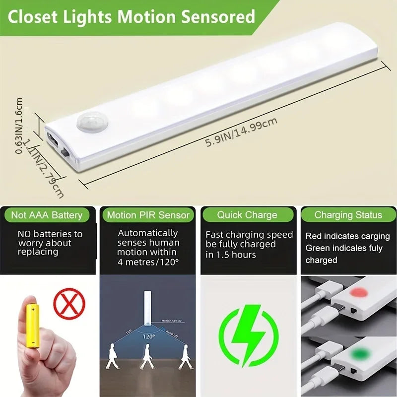 Under Cabinet Motion Sensor LED Lights 6 Pack USB-C Rechargeable