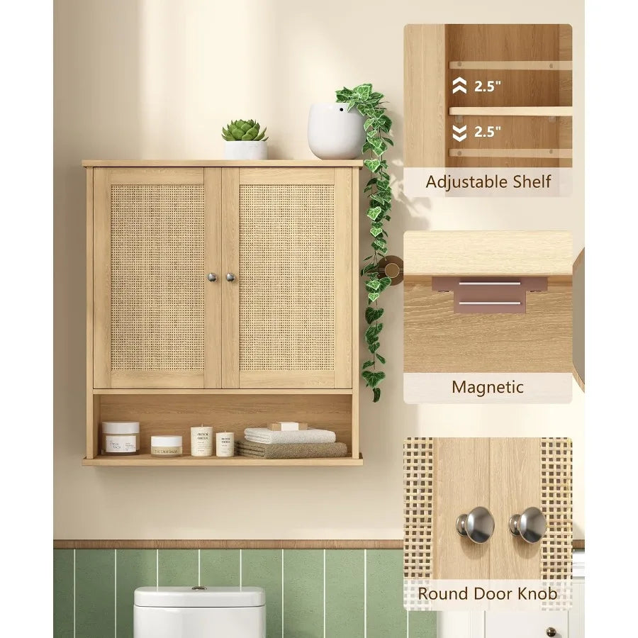 XIUWO Modern Medicine Cabinet With Adjustable Shelf And Rattan Doors