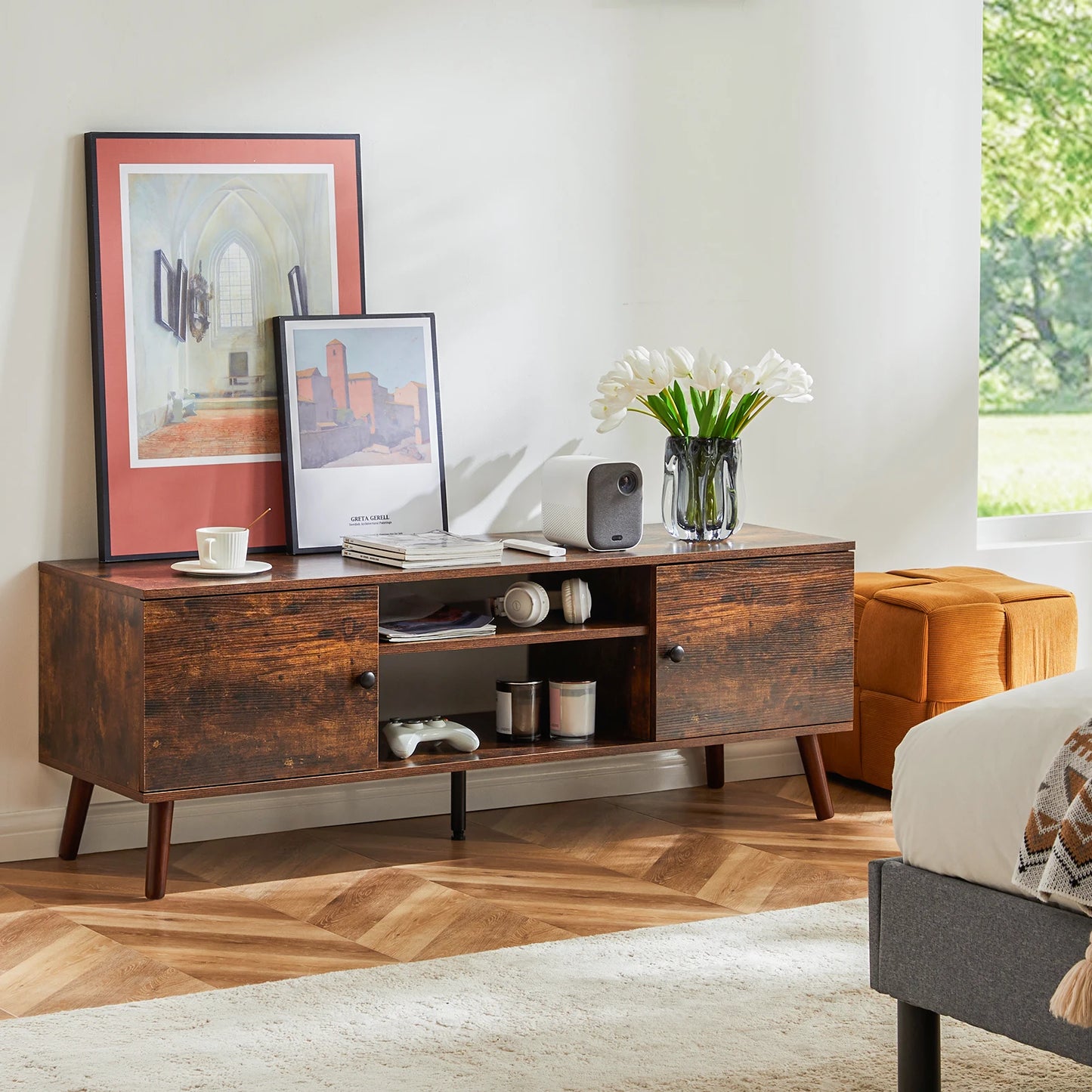 JHK Wooden Fireplace TV Stand With Adjustable Shelves And Storage